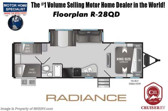 2022 Cruiser RV Radiance Ultra-Lite 28QD Bunk Model W/ Theater Seating, LED TV, Power Tongue Jack, Stabilizers, 50AMP, 2nd A/C &amp; More Floorplan