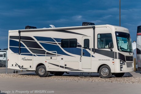 3-22 -22 &lt;a href=&quot;http://www.mhsrv.com/coachmen-rv/&quot;&gt;&lt;img src=&quot;http://www.mhsrv.com/images/sold-coachmen.jpg&quot; width=&quot;383&quot; height=&quot;141&quot; border=&quot;0&quot;&gt;&lt;/a&gt;  MSRP $185,202. New 2022 Coachmen Mirada Model 29FW RV. This beautiful class A motor home measures approximately 30 feet 7 inches in length and boast several new innovations. The Mirada is also beautifully appointed featuring hardwood cabinet doors, solid surface kitchen countertop, tile backsplash and large stainless steel farm house sink. This beautiful new class A motor home also features the new Ford&#174; 7.3L PFI V-8 engine with 350HP, 468 ft. lbs. torque, a 6-speed TorqShift&#174; automatic transmission, an updated instrument cluster, automatic headlights and a tilt and telescoping steering wheel. A few standard features and construction highlights that help set the Mirada apart include 1-piece fiberglass roof, Azdel™ Nobel Select sidewalls, solar privacy shades throughout, power windshield shade, flush mounted 3 burner range with oven, glass door shower, 5.5KW Onan generator, 50 Amp service, (2) roof A/C units, rear vision monitor w/ high definition backup and sideview cameras, electric awning, automatic transfer switch for easy set-up, pass-thru storage, automatic leveling jacks and much more. For additional details on this unit and our entire inventory including brochures, window sticker, videos, photos, reviews &amp; testimonials as well as additional information about Motor Home Specialist and our manufacturers please visit us at MHSRV.com or call 800-335-6054. At Motor Home Specialist, we DO NOT charge any prep or orientation fees like you will find at other dealerships. All sale prices include a 200-point inspection, interior &amp; exterior wash, detail service and a fully automated high-pressure rain booth test and coach wash that is a standout service unlike that of any other in the industry. You will also receive a thorough coach orientation with an MHSRV technician, a night stay in our delivery park featuring landscaped and covered pads with full hook-ups and much more! Read Thousands upon Thousands of 5-Star Reviews at MHSRV.com and See What They Had to Say About Their Experience at Motor Home Specialist. WHY PAY MORE? WHY SETTLE FOR LESS?