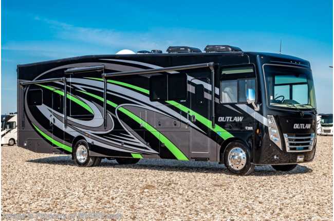 2022 Thor Motor Coach Outlaw Toy Hauler 38MB Toy Hauler RV W/ Dual Pane, Special Edition Paint &amp; Opposing Sofas In Garage