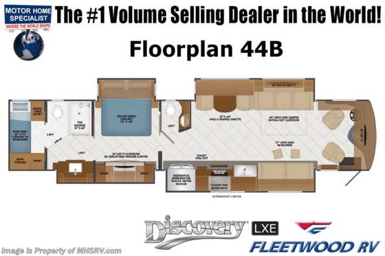2023 Fleetwood Discovery LXE 44B Bath &amp; 1/2, Bunk Model W/ Heated Floors, Oceanfront, Motion Power Lounge &amp; More Floorplan