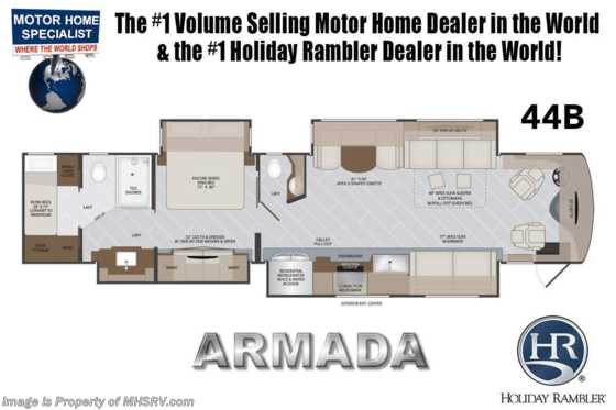2022 Holiday Rambler Armada 44B Bath &amp; 1/2, Bunk Model W/ Ext. Freezer, Motion Power Lounge, Blind Spot, Heated Floors &amp; More Floorplan