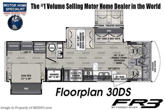 2022 Forest River FR3 30DS W/ Theater Seats, Combo Washer &amp; Dryer, Hydraulic Leveling, King &amp; Oven Floorplan