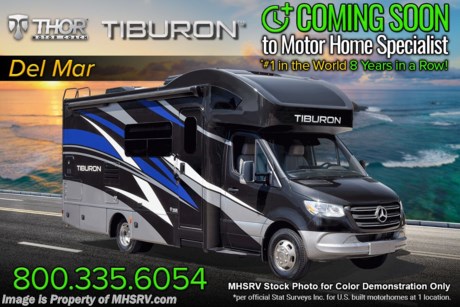 4-8 &lt;a href=&quot;http://www.mhsrv.com/thor-motor-coach/&quot;&gt;&lt;img src=&quot;http://www.mhsrv.com/images/sold-thor.jpg&quot; width=&quot;383&quot; height=&quot;141&quot; border=&quot;0&quot;&gt;&lt;/a&gt;  MSRP $207,226. New 2022 Thor Motor Coach Tiburon Mercedes Diesel Sprinter Model 24FB. This Luxury RV measures approximately 25 feet 8 inches in length and rides on the premier Mercedes Benz Sprinter chassis equipped with an Active Braking Assist system, Attention Assist, Active Lane Assist, a Wet Wiper System and Distance Regulator Distronic Plus. You will also find a tank-less water heater, an Onan generator and the ultra-high-line cabinetry from TMC that set this coach apart from the competition! Optional equipment includes the beautiful full body paint exterior, auto leveling jacks and single child safety tether. The all new Tiburon Sprinter also features a 5,000 lb. hitch, fiberglass front cap with skylight, an armless power patio awning with integrated LED lighting, frameless windows, a multimedia dash radio with Bluetooth and navigation, heated &amp; remote exterior mirrors, back up system, swivel captain’s chairs, full extension metal ball-bearing drawer guides, Rapid Camp+, holding tanks with heat pads and much more. For more complete details on this unit and our entire inventory including brochures, window sticker, videos, photos, reviews &amp; testimonials as well as additional information about Motor Home Specialist and our manufacturers please visit us at MHSRV.com or call 800-335-6054. At Motor Home Specialist, we DO NOT charge any prep or orientation fees like you will find at other dealerships. All sale prices include a 200-point inspection, interior &amp; exterior wash, detail service and a fully automated high-pressure rain booth test and coach wash that is a standout service unlike that of any other in the industry. You will also receive a thorough coach orientation with an MHSRV technician, an RV Starter&#39;s kit, a night stay in our delivery park featuring landscaped and covered pads with full hook-ups and much more! Read Thousands upon Thousands of 5-Star Reviews at MHSRV.com and See What They Had to Say About Their Experience at Motor Home Specialist. WHY PAY MORE? WHY SETTLE FOR LESS?
