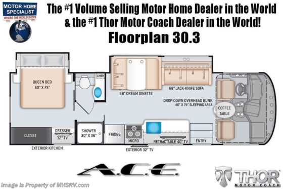2022 Thor Motor Coach A.C.E. 30.3 Pet Friendly RV W/ Solar Charging System, Safety Tether &amp; More Floorplan