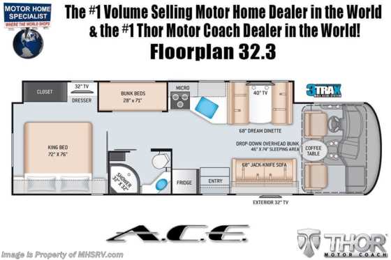 2022 Thor Motor Coach A.C.E. 32.3 Pet Friendly Bunk Model RV W/ Home Collection, Solar, Safety Tether &amp; More Floorplan