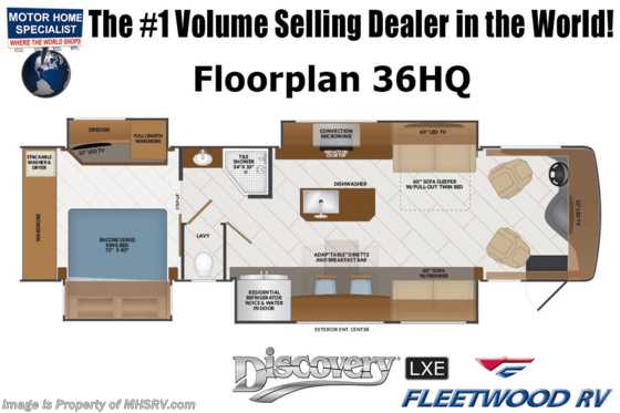2023 Fleetwood Discovery LXE 36HQ W/ Oceanfront Collection, Ext. Freezer, Theater Seating, Heated Floors &amp; Much More Floorplan