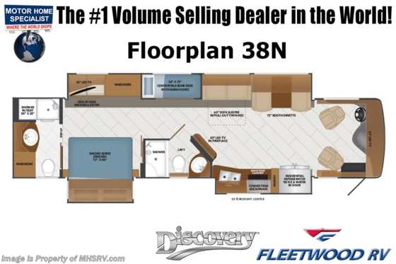 2022 Fleetwood Discovery 38N 2 Full Bath Bunk Model W/ Dishwasher, Motion Power Lounge, Oceanfront Collection, 3 A/Cs, Tech Pkg. &amp; More Floorplan