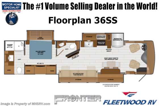 2022 Fleetwood Frontier 36SS W/ 1st Bay Slide Out Tray, Upgraded A/C, Central Vacuum, Power Cord Reel, Satellite &amp; More Floorplan