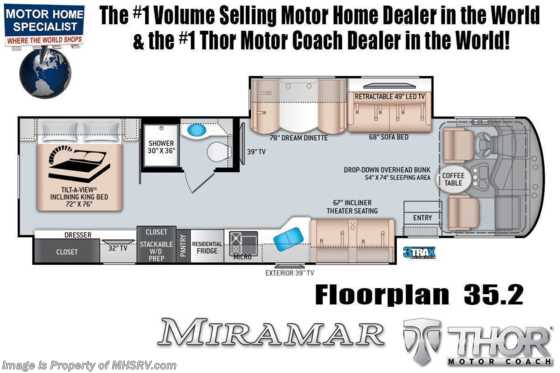 2023 Thor Motor Coach Miramar 35.2 W/ King Bed, Frameless Dual Pane Windows, Satellite &amp; More Floorplan