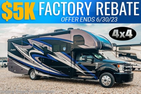 SOLD 6-20-23 MSRP $291,323. Sale Price Includes $5,000 Factory Rebate! Offer Ends 6-31-23. New 2023 Thor Motor Coach Omni XG32 4x4 Super C is approximately 33 feet 6 inches in length with 2 slides and is powered by the Ford&#174; 6.7L Power Stroke&#174; V8 turbo diesel engine with 330HP, 825 lb.-ft. torque and 10 speed transmission with selectable drive modes including Tow/Haul, Eco, Deep Sand/Snow. Also includes a SYNC 3 Enhanced Voice Recognition Communications and Entertainment System, 8&quot; Color LCD touchscreen with swiping capability, 911 assist, AppLink and smart-charging USB ports and navigation. This beautiful RV features the optional Solar Panel Plus Package and upgraded cabinetry. The Omni Super C also features a 3 camera monitoring system, aluminum wheels, automatic leveling jacks, power patio awning with LED lighting, frameless windows, keyless entry, residential refrigerator, large OTR convection microwave, solid surface kitchen counter top, ball bearing drawer guides, king size bed, large TV in living area, exterior entertainment center with sound bar, 6KW Onan diesel generator with automatic generator start, multiplex wiring control system, tankless water heater, 1800-watt inverter and much more. For additional details on this unit and our entire inventory including brochures, window sticker, videos, photos, reviews &amp; testimonials as well as additional information about Motor Home Specialist and our manufacturers please visit us at MHSRV.com or call 800-335-6054. At Motor Home Specialist, we DO NOT charge any prep or orientation fees like you will find at other dealerships. All sale prices include a 200-point inspection, interior &amp; exterior wash, detail service and a fully automated high-pressure rain booth test and coach wash that is a standout service unlike that of any other in the industry. You will also receive a thorough coach orientation with an MHSRV technician, a night stay in our delivery park featuring landscaped and covered pads with full hook-ups and much more! Read Thousands upon Thousands of 5-Star Reviews at MHSRV.com and See What They Had to Say About Their Experience at Motor Home Specialist. WHY PAY MORE? WHY SETTLE FOR LESS?