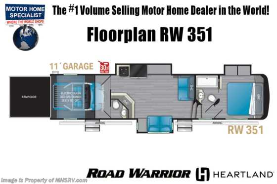 2022 Heartland RV Road Warrior 351RW Luxury Toy Hauler Bath &amp; 1/2 W/ 3 A/Cs, Removable Garage Walls, Cargo Carpet &amp; Much More Floorplan