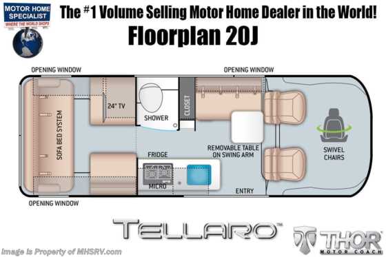 2023 Thor Motor Coach Tellaro 20J W/ New 9 Speed Tranmission, Lane Assist, Large Digital Display, Retractable Rooftop W/ Swivel Driver &amp; Passenger Chairs &amp; Much More Floorplan