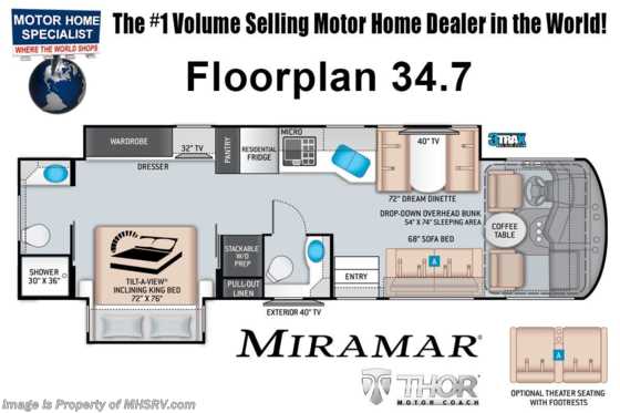 2023 Thor Motor Coach Miramar 34.7 Bath &amp; 1/2 W/ King Bed, Theater Seats, Residential Fridge, Bedroom TV, Frameless Dual Pane Windows &amp; More Floorplan