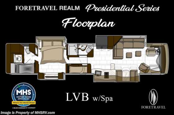 2023 Foretravel Realm Presidential Luxury Villa Bunk (LVB) W/Spa 2 Full Baths Floorplan