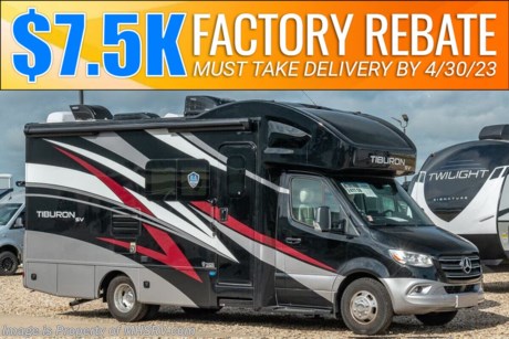 5-12-23 &lt;a href=&quot;http://www.mhsrv.com/thor-motor-coach/&quot;&gt;&lt;img src=&quot;http://www.mhsrv.com/images/sold-thor.jpg&quot; width=&quot;383&quot; height=&quot;141&quot; border=&quot;0&quot;&gt;&lt;/a&gt;  MSRP $193,726. Sale Price Includes $7,500 Factory Rebate! Must Take Delivery by 4-30-23. New 2023 Thor Motor Coach Tiburon SV 24TT Mercedes Diesel Sprinter. This Luxury RV measures approximately 24 feet 9 inches in length with a tank-less water heater, a generator and the ultra-high-line cabinetry from TMC that set this coach apart from the competition! Optional equipment includes the beautiful full-body paint exterior, single child safety tether &amp; auto leveling jacks w/ touch pad controls. The Tiburon Sprinter also features a fiberglass front cap with skylight, an armless power patio awning with integrated LED lighting, frameless windows, remote exterior mirrors, back up system, swivel captain’s chairs, full extension metal ball-bearing drawer guides, Rapid Camp+, holding tanks with heat pads and much more. For additional details on this unit and our entire inventory including brochures, window sticker, videos, photos, reviews &amp; testimonials as well as additional information about Motor Home Specialist and our manufacturers please visit us at MHSRV.com or call 800-335-6054. At Motor Home Specialist, we DO NOT charge any prep or orientation fees like you will find at other dealerships. All sale prices include a 200-point inspection, interior &amp; exterior wash, detail service and a fully automated high-pressure rain booth test and coach wash that is a standout service unlike that of any other in the industry. You will also receive a thorough coach orientation with an MHSRV technician, a night stay in our delivery park featuring landscaped and covered pads with full hook-ups and much more! Read Thousands upon Thousands of 5-Star Reviews at MHSRV.com and See What They Had to Say About Their Experience at Motor Home Specialist. WHY PAY MORE? WHY SETTLE FOR LESS?