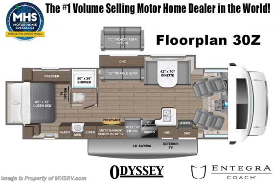 2024 Entegra Coach Odyssey 30Z W/ Auto Leveling, Theater Seating, Dual A/Cs, Solar, 50&quot; TV W/ Fireplace, Bedroom TV &amp; More Floorplan