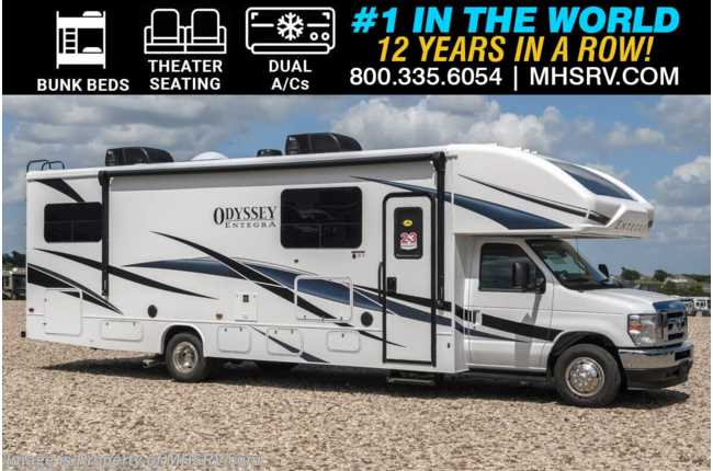 2025 Entegra Coach Odyssey 31F New Class C Gas RV For Sale Bunk Model W/ Auto Leveling, Solar, Dual A/Cs, Bedroom TV, Theater Seats, 2nd House Battery &amp; More