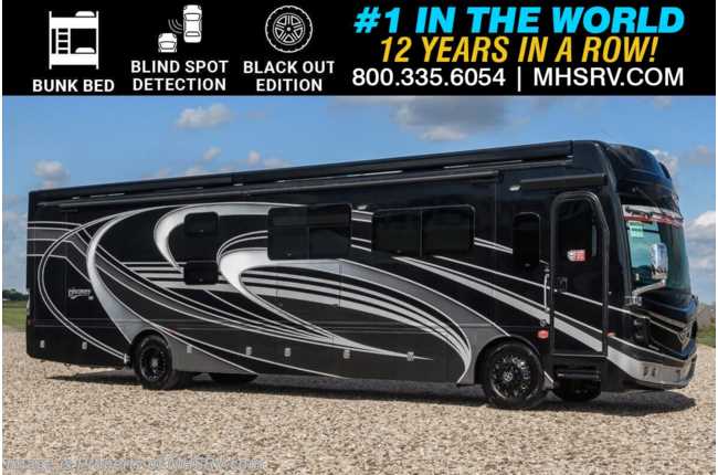 2025 Fleetwood Discovery LXE 40G Bunk Model W/ Blind Spot Detect, Custom Black Out Edition, Motion Pwr Lounge, Heated Tile Floor, 2nd Patio Awning &amp; More