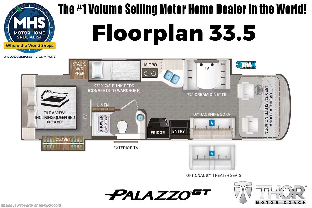 2026 Thor Motor Coach Palazzo GT 33.5 Bunk House Diesel Pusher W/ Theater Seats, Stealth Package, Auto Leveling, Power OH Loft, 3 Cams &amp; More Floorplan