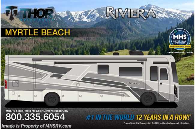 2026 Thor Motor Coach Riviera 34SD 340HP Diesel Pusher RV W/ Theater Seats, W/D, Rapid Camp+® Multiplex System, Solar, King Bed &amp; More