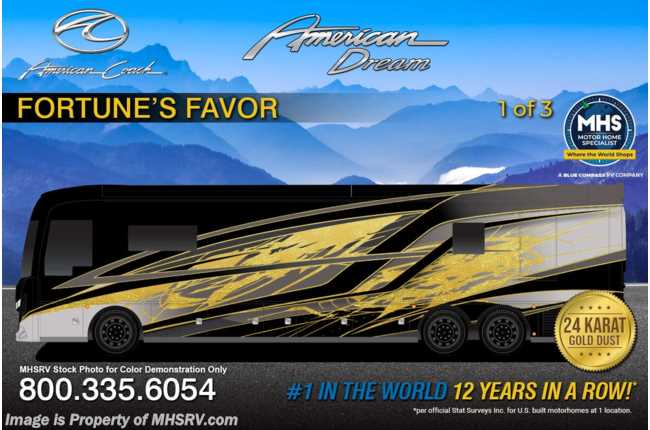 2026 American Coach American Dream 42Q Bath &amp; 1/2 W/ 24 Karat Gold Flaked Paint, Fireplace, Starlink, Ext. Freezer, Tech. Pkg. &amp; 2 Pwr Trays.