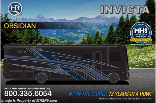 2026 Holiday Rambler Invicta 36Y Bath &amp; 1/2, KID KAVE™ W/ 26K Chassis, Outside Kitchenette, W/D, Theater Seats, Collision Mitigation, &amp; Blackout Pkg.