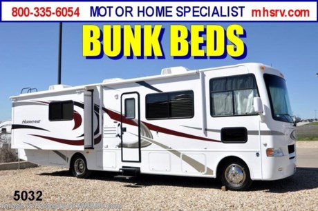 &lt;a href=&quot;http://www.mhsrv.com/thor-motor-coach/&quot;&gt;&lt;img src=&quot;http://www.mhsrv.com/images/sold-thor.jpg&quot; width=&quot;383&quot; height=&quot;141&quot; border=&quot;0&quot; /&gt;&lt;/a&gt;
Hurricane motorhome by Thor Motor Coach / WI 7/27/12. /
&lt;object width=&quot;400&quot; height=&quot;300&quot;&gt;&lt;param name=&quot;movie&quot; value=&quot;http://www.youtube.com/v/SBqi8PKYWdo?version=3&amp;amp;hl=en_US&quot;&gt;&lt;/param&gt;&lt;param name=&quot;allowFullScreen&quot; value=&quot;true&quot;&gt;&lt;/param&gt;&lt;param name=&quot;allowscriptaccess&quot; value=&quot;always&quot;&gt;&lt;/param&gt;&lt;embed src=&quot;http://www.youtube.com/v/SBqi8PKYWdo?version=3&amp;amp;hl=en_US&quot; type=&quot;application/x-shockwave-flash&quot; width=&quot;400&quot; height=&quot;300&quot; allowscriptaccess=&quot;always&quot; allowfullscreen=&quot;true&quot;&gt;&lt;/embed&gt;&lt;/object&gt;$2,000 VISA Gift Card with purchase. Offer Ends 8/31/12.  #1 THOR MOTOR COACH DEALER IN AMERICA! &lt;object width=&quot;400&quot; height=&quot;300&quot;&gt;&lt;param name=&quot;movie&quot; value=&quot;http://www.youtube.com/v/_D_MrYPO4yY?version=3&amp;amp;hl=en_US&quot;&gt;&lt;/param&gt;&lt;param name=&quot;allowFullScreen&quot; value=&quot;true&quot;&gt;&lt;/param&gt;&lt;param name=&quot;allowscriptaccess&quot; value=&quot;always&quot;&gt;&lt;/param&gt;&lt;embed src=&quot;http://www.youtube.com/v/_D_MrYPO4yY?version=3&amp;amp;hl=en_US&quot; type=&quot;application/x-shockwave-flash&quot; width=&quot;400&quot; height=&quot;300&quot; allowscriptaccess=&quot;always&quot; allowfullscreen=&quot;true&quot;&gt;&lt;/embed&gt;&lt;/object&gt; MSRP $120,788. New 2012 Thor Motor Coach Hurricane. Model 33G. This Bunk House RV measures approximately 33 feet 4 inches in length and features (2) slide-out rooms. Optional equipment includes a glazed wood package, bedroom LCD TV, LCD TV/DVD players in bunks, back-up camera, side view cameras, home theater system with DVD, solid surface kitchen counter, convection microwave with 3-burner range, Lino throughout in place of carpet, valve stem extenders, rear roof A/C unit, 5500 Onan generator, 50 amp service, gas/electric water heater, outside shower, heated remote exterior mirrors, heat pads for holding tanks, second auxiliary battery &amp; electric patio awning. The 2012 Hurricane also features a V-10 Ford, one piece windshield, roto-cast storage compartments, hydraulic leveling jacks, front roof A/C unit, hide-a-bed with air mattress, front LCD TV and much more. CALL MOTOR HOME SPECIALIST at 800-335-6054 or Visit MHSRV .com FOR ADDITONAL PHOTOS, DETAILS &amp; VIDEOS. 