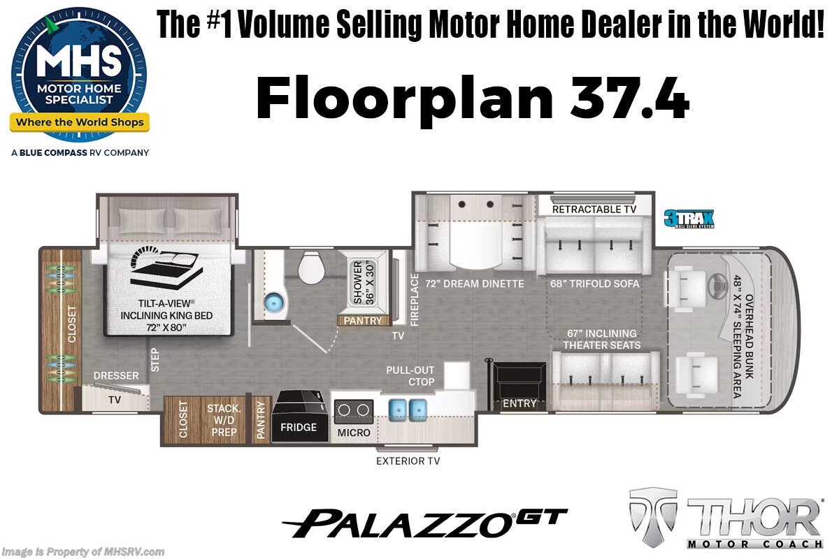 2026 Thor Motor Coach Palazzo GT 37.4 W/ Solar, Dual Pane Windows, King Bed, Stealth Pkg., 3 Camera Monitoring &amp; More Floorplan