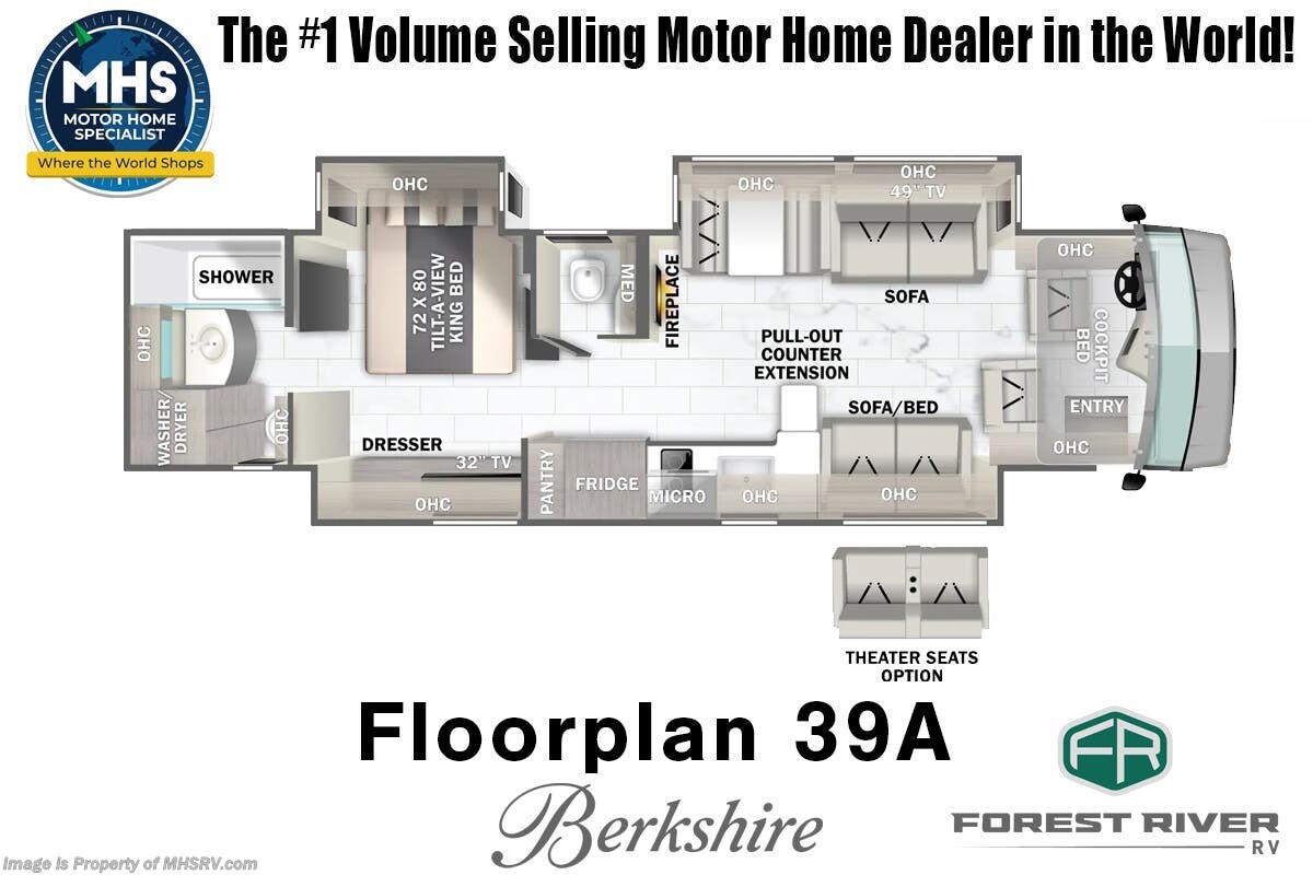 2026 Forest River Berkshire 39A - New Diesel Pusher For Sale by Motor Home Specialist in Alvarado, Texas features Theater Seating