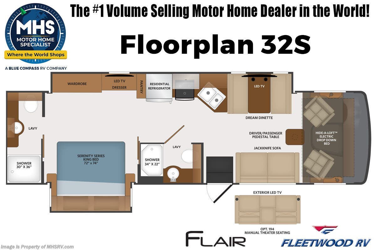 2027 Fleetwood Flair 32S 2 Full Bath RV W/ King Bed, Theater Seats, FBP, Roof Vent Covers &amp; More Floorplan