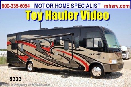 &lt;a href=&quot;http://www.mhsrv.com/thor-motor-coach/&quot;&gt;&lt;img src=&quot;http://www.mhsrv.com/images/sold-thor.jpg&quot; width=&quot;383&quot; height=&quot;141&quot; border=&quot;0&quot; /&gt;&lt;/a&gt; Close Out Price at MHSRV .com /MD 12/28/12/ + $2,000 Visa Gift Card with Purchase &amp; MHSRV will donate $1,000 to Cook Children&#39;s Hospital Starting Oct. 16th - Dec. 29th, 2012. Call 800-335-6054 or Visit MHSRV.com for Our Year End Close Out Price! &lt;object width=&quot;400&quot; height=&quot;300&quot;&gt;&lt;param name=&quot;movie&quot; value=&quot;http://www.youtube.com/v/3ISEXmsKvKw?version=3&amp;amp;hl=en_US&quot;&gt;&lt;/param&gt;&lt;param name=&quot;allowFullScreen&quot; value=&quot;true&quot;&gt;&lt;/param&gt;&lt;param name=&quot;allowscriptaccess&quot; value=&quot;always&quot;&gt;&lt;/param&gt;&lt;embed src=&quot;http://www.youtube.com/v/3ISEXmsKvKw?version=3&amp;amp;hl=en_US&quot; type=&quot;application/x-shockwave-flash&quot; width=&quot;400&quot; height=&quot;300&quot; allowscriptaccess=&quot;always&quot; allowfullscreen=&quot;true&quot;&gt;&lt;/embed&gt;&lt;/object&gt; #1 Thor Motor Coach &amp; Outlaw Toy Hauler Dealer in the World.
&lt;object width=&quot;400&quot; height=&quot;300&quot;&gt;&lt;param name=&quot;movie&quot; value=&quot;http://www.youtube.com/v/_D_MrYPO4yY?version=3&amp;amp;hl=en_US&quot;&gt;&lt;/param&gt;&lt;param name=&quot;allowFullScreen&quot; value=&quot;true&quot;&gt;&lt;/param&gt;&lt;param name=&quot;allowscriptaccess&quot; value=&quot;always&quot;&gt;&lt;/param&gt;&lt;embed src=&quot;http://www.youtube.com/v/_D_MrYPO4yY?version=3&amp;amp;hl=en_US&quot; type=&quot;application/x-shockwave-flash&quot; width=&quot;400&quot; height=&quot;300&quot; allowscriptaccess=&quot;always&quot; allowfullscreen=&quot;true&quot;&gt;&lt;/embed&gt;&lt;/object&gt;   MSRP $152,993. New 2013 Thor Motor Coach Outlaw Toy Hauler. Model 3611 with slide-out room and Ford 22-Series chassis with Triton V-10 engine &amp; high polished aluminum wheels. This unit measures approximately 37 feet 4 inches in length. Optional equipment includes an electric queen lift bed in garage. The Outlaw toy hauler RV has an incredible list of standard features for 2013 including a full body exterior paint job, beautiful wood &amp; interior decor packages, (5) LCD TVs including and exterior entertainment center, large living room LCD TV, side door TV for viewing while traveling, LCD TV in loft and LCD TV in garage. You will also find a theater sound system in the living room with hidden sub woofer, stereo in garage, exterior stereo speakers and audio controls, power patio awing, dual side entrance doors, dual pane windows, fueling station, 1-piece windshield,  a 5500 Onan generator, back-up camera, automatic leveling system, Soft Touch leather furniture, hide-a-bed sofa with power inflate &amp; deflate controls, day/night shades and much more. FOR ADDITIONAL INFORMATION, BROCHURE, WINDOW STICKER, PHOTOS &amp; PRODUCT VIDEO PLEASE VISIT MOTOR HOME SPECIALIST AT MHSRV .COM or CALL 800-335-6054. 