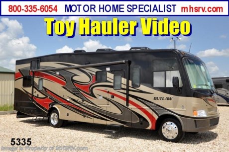 &lt;a href=&quot;http://www.mhsrv.com/thor-motor-coach/&quot;&gt;&lt;img src=&quot;http://www.mhsrv.com/images/sold-thor.jpg&quot; width=&quot;383&quot; height=&quot;141&quot; border=&quot;0&quot; /&gt;&lt;/a&gt;
Outlaw motorhome toy hauler by Thor Motor Coach / NE 7/27/12. /
&lt;object width=&quot;400&quot; height=&quot;300&quot;&gt;&lt;param name=&quot;movie&quot; value=&quot;http://www.youtube.com/v/SBqi8PKYWdo?version=3&amp;amp;hl=en_US&quot;&gt;&lt;/param&gt;&lt;param name=&quot;allowFullScreen&quot; value=&quot;true&quot;&gt;&lt;/param&gt;&lt;param name=&quot;allowscriptaccess&quot; value=&quot;always&quot;&gt;&lt;/param&gt;&lt;embed src=&quot;http://www.youtube.com/v/SBqi8PKYWdo?version=3&amp;amp;hl=en_US&quot; type=&quot;application/x-shockwave-flash&quot; width=&quot;400&quot; height=&quot;300&quot; allowscriptaccess=&quot;always&quot; allowfullscreen=&quot;true&quot;&gt;&lt;/embed&gt;&lt;/object&gt;$2,000 VISA Gift Card with purchase. Offer Ends 8/31/12.  &lt;object width=&quot;400&quot; height=&quot;300&quot;&gt;&lt;param name=&quot;movie&quot; value=&quot;http://www.youtube.com/v/3ISEXmsKvKw?version=3&amp;amp;hl=en_US&quot;&gt;&lt;/param&gt;&lt;param name=&quot;allowFullScreen&quot; value=&quot;true&quot;&gt;&lt;/param&gt;&lt;param name=&quot;allowscriptaccess&quot; value=&quot;always&quot;&gt;&lt;/param&gt;&lt;embed src=&quot;http://www.youtube.com/v/3ISEXmsKvKw?version=3&amp;amp;hl=en_US&quot; type=&quot;application/x-shockwave-flash&quot; width=&quot;400&quot; height=&quot;300&quot; allowscriptaccess=&quot;always&quot; allowfullscreen=&quot;true&quot;&gt;&lt;/embed&gt;&lt;/object&gt; #1 Thor Motor Coach &amp; Outlaw Toy Hauler Dealer in the World.
&lt;object width=&quot;400&quot; height=&quot;300&quot;&gt;&lt;param name=&quot;movie&quot; value=&quot;http://www.youtube.com/v/_D_MrYPO4yY?version=3&amp;amp;hl=en_US&quot;&gt;&lt;/param&gt;&lt;param name=&quot;allowFullScreen&quot; value=&quot;true&quot;&gt;&lt;/param&gt;&lt;param name=&quot;allowscriptaccess&quot; value=&quot;always&quot;&gt;&lt;/param&gt;&lt;embed src=&quot;http://www.youtube.com/v/_D_MrYPO4yY?version=3&amp;amp;hl=en_US&quot; type=&quot;application/x-shockwave-flash&quot; width=&quot;400&quot; height=&quot;300&quot; allowscriptaccess=&quot;always&quot; allowfullscreen=&quot;true&quot;&gt;&lt;/embed&gt;&lt;/object&gt; For the Lowest Price Please Visit MHSRV .com or Call 800-335-6054.  MSRP $152,993. New 2013 Thor Motor Coach Outlaw Toy Hauler. Model 3611 with slide-out room and Ford 22-Series chassis with Triton V-10 engine &amp; high polished aluminum wheels. This unit measures approximately 37 feet 4 inches in length. Optional equipment includes an electric queen lift bed in garage. The Outlaw toy hauler RV has an incredible list of standard features for 2013 including a full body exterior paint job, beautiful wood &amp; interior decor packages, (5) LCD TVs including and exterior entertainment center, large living room LCD TV, side door TV for viewing while traveling, LCD TV in loft and LCD TV in garage. You will also find a theater sound system in the living room with hidden sub woofer, stereo in garage, exterior stereo speakers and audio controls, power patio awing, dual side entrance doors, dual pane windows, fueling station, 1-piece windshield,  a 5500 Onan generator, back-up camera, automatic leveling system, Soft Touch leather furniture, hide-a-bed sofa with power inflate &amp; deflate controls, day/night shades and much more. FOR ADDITIONAL INFORMATION, BROCHURE, WINDOW STICKER, PHOTOS &amp; PRODUCT VIDEO PLEASE VISIT MOTOR HOME SPECIALIST AT MHSRV .COM or CALL 800-335-6054. 
