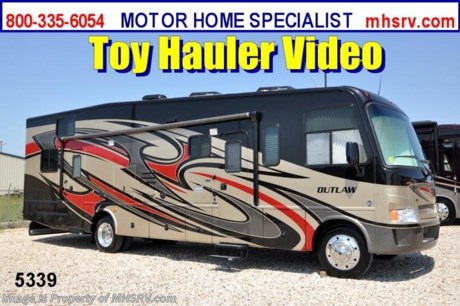 &lt;a href=&quot;http://www.mhsrv.com/thor-motor-coach/&quot;&gt;&lt;img src=&quot;http://www.mhsrv.com/images/sold-thor.jpg&quot; width=&quot;383&quot; height=&quot;141&quot; border=&quot;0&quot; /&gt;&lt;/a&gt; Receive a $1,000 VISA Gift Card /TX 1/30/13/ + MHSRV Camper&#39;s Pkg. that includes a 32 inch LCD TV with Built in DVD Player, a Sony Play Station 3 with Blu-Ray capability, a GPS Navigation System, (4) Collapsible Chairs, a Large Collapsible Table, a Rolling Igloo Cooler, an Electric Grill and a Complete Grillers Utensil Set with purchase of this unit. Offer valid Jan. 2nd and ends Mar. 30th 2013. &lt;object width=&quot;400&quot; height=&quot;300&quot;&gt;&lt;param name=&quot;movie&quot; value=&quot;http://www.youtube.com/v/3ISEXmsKvKw?version=3&amp;amp;hl=en_US&quot;&gt;&lt;/param&gt;&lt;param name=&quot;allowFullScreen&quot; value=&quot;true&quot;&gt;&lt;/param&gt;&lt;param name=&quot;allowscriptaccess&quot; value=&quot;always&quot;&gt;&lt;/param&gt;&lt;embed src=&quot;http://www.youtube.com/v/3ISEXmsKvKw?version=3&amp;amp;hl=en_US&quot; type=&quot;application/x-shockwave-flash&quot; width=&quot;400&quot; height=&quot;300&quot; allowscriptaccess=&quot;always&quot; allowfullscreen=&quot;true&quot;&gt;&lt;/embed&gt;&lt;/object&gt; #1 Thor Motor Coach &amp; Outlaw Toy Hauler Dealer in the World.
&lt;object width=&quot;400&quot; height=&quot;300&quot;&gt;&lt;param name=&quot;movie&quot; value=&quot;http://www.youtube.com/v/_D_MrYPO4yY?version=3&amp;amp;hl=en_US&quot;&gt;&lt;/param&gt;&lt;param name=&quot;allowFullScreen&quot; value=&quot;true&quot;&gt;&lt;/param&gt;&lt;param name=&quot;allowscriptaccess&quot; value=&quot;always&quot;&gt;&lt;/param&gt;&lt;embed src=&quot;http://www.youtube.com/v/_D_MrYPO4yY?version=3&amp;amp;hl=en_US&quot; type=&quot;application/x-shockwave-flash&quot; width=&quot;400&quot; height=&quot;300&quot; allowscriptaccess=&quot;always&quot; allowfullscreen=&quot;true&quot;&gt;&lt;/embed&gt;&lt;/object&gt;  MSRP $152,993. New 2013 Thor Motor Coach Outlaw Toy Hauler. Model 3611 with slide-out room and Ford 22-Series chassis with Triton V-10 engine &amp; high polished aluminum wheels. This unit measures approximately 37 feet 4 inches in length. Optional equipment includes an electric queen lift bed in garage. The Outlaw toy hauler RV has an incredible list of standard features for 2013 including a full body exterior paint job, beautiful wood &amp; interior decor packages, (5) LCD TVs including and exterior entertainment center, large living room LCD TV, side door TV for viewing while traveling, LCD TV in loft and LCD TV in garage. You will also find a theater sound system in the living room with hidden sub woofer, stereo in garage, exterior stereo speakers and audio controls, power patio awing, dual side entrance doors, dual pane windows, fueling station, 1-piece windshield,  a 5500 Onan generator, back-up camera, automatic leveling system, Soft Touch leather furniture, hide-a-bed sofa with power inflate &amp; deflate controls, day/night shades and much more. FOR ADDITIONAL INFORMATION, BROCHURE, WINDOW STICKER, PHOTOS &amp; PRODUCT VIDEO PLEASE VISIT MOTOR HOME SPECIALIST AT MHSRV .COM or CALL 800-335-6054. At Motor Home Specialist we DO NOT charge any prep or orientation fees like you will find at other dealerships. All sale prices include a 200 point inspection, wash/wax &amp; prep of vehicle, a thorough coach orientation with an MHS technician, an RV Starter&#39;s kit, a nights stay in our delivery park featuring landscaped and covered pads with full hook-ups and much more! Read From Thousands of Testimonials at MHSRV .com and See What They Had to Say About Their Experience at Motor Home Specialist. WHY PAY MORE?...... WHY SETTLE FOR LESS?  