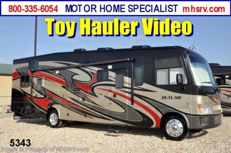 &lt;a href=&quot;http://www.mhsrv.com/thor-motor-coach/&quot;&gt;&lt;img src=&quot;http://www.mhsrv.com/images/sold-thor.jpg&quot; width=&quot;383&quot; height=&quot;141&quot; border=&quot;0&quot; /&gt;&lt;/a&gt; Close Out Price at MHSRV .com + $2,000 Visa Gift Card with Purchase &amp; MHSRV will donate $1,000 to Cook Children&#39;s Hospital Starting Oct. 16th - Dec. 29th, 2012. Call 800-335-6054 or Visit MHSRV.com for Our Year End Close Out Price! /CO 12/13/12/ &lt;object width=&quot;400&quot; height=&quot;300&quot;&gt;&lt;param name=&quot;movie&quot; value=&quot;http://www.youtube.com/v/3ISEXmsKvKw?version=3&amp;amp;hl=en_US&quot;&gt;&lt;/param&gt;&lt;param name=&quot;allowFullScreen&quot; value=&quot;true&quot;&gt;&lt;/param&gt;&lt;param name=&quot;allowscriptaccess&quot; value=&quot;always&quot;&gt;&lt;/param&gt;&lt;embed src=&quot;http://www.youtube.com/v/3ISEXmsKvKw?version=3&amp;amp;hl=en_US&quot; type=&quot;application/x-shockwave-flash&quot; width=&quot;400&quot; height=&quot;300&quot; allowscriptaccess=&quot;always&quot; allowfullscreen=&quot;true&quot;&gt;&lt;/embed&gt;&lt;/object&gt; #1 Thor Motor Coach &amp; Outlaw Toy Hauler Dealer in the World.
&lt;object width=&quot;400&quot; height=&quot;300&quot;&gt;&lt;param name=&quot;movie&quot; value=&quot;http://www.youtube.com/v/_D_MrYPO4yY?version=3&amp;amp;hl=en_US&quot;&gt;&lt;/param&gt;&lt;param name=&quot;allowFullScreen&quot; value=&quot;true&quot;&gt;&lt;/param&gt;&lt;param name=&quot;allowscriptaccess&quot; value=&quot;always&quot;&gt;&lt;/param&gt;&lt;embed src=&quot;http://www.youtube.com/v/_D_MrYPO4yY?version=3&amp;amp;hl=en_US&quot; type=&quot;application/x-shockwave-flash&quot; width=&quot;400&quot; height=&quot;300&quot; allowscriptaccess=&quot;always&quot; allowfullscreen=&quot;true&quot;&gt;&lt;/embed&gt;&lt;/object&gt;  MSRP $152,993. New 2013 Thor Motor Coach Outlaw Toy Hauler. Model 3611 with slide-out room and Ford 22-Series chassis with Triton V-10 engine &amp; high polished aluminum wheels. This unit measures approximately 37 feet 4 inches in length. Optional equipment includes an electric queen lift bed in garage. The Outlaw toy hauler RV has an incredible list of standard features for 2013 including a full body exterior paint job, beautiful wood &amp; interior decor packages, (5) LCD TVs including and exterior entertainment center, large living room LCD TV, side door TV for viewing while traveling, LCD TV in loft and LCD TV in garage. You will also find a theater sound system in the living room with hidden sub woofer, stereo in garage, exterior stereo speakers and audio controls, power patio awing, dual side entrance doors, dual pane windows, fueling station, 1-piece windshield,  a 5500 Onan generator, back-up camera, automatic leveling system, Soft Touch leather furniture, hide-a-bed sofa with power inflate &amp; deflate controls, day/night shades and much more. FOR ADDITIONAL INFORMATION, BROCHURE, WINDOW STICKER, PHOTOS &amp; PRODUCT VIDEO PLEASE VISIT MOTOR HOME SPECIALIST AT MHSRV .COM or CALL 800-335-6054. 