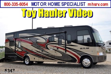&lt;a href=&quot;http://www.mhsrv.com/thor-motor-coach/&quot;&gt;&lt;img src=&quot;http://www.mhsrv.com/images/sold-thor.jpg&quot; width=&quot;383&quot; height=&quot;141&quot; border=&quot;0&quot; /&gt;&lt;/a&gt; $2,000 VISA Gift Card with purchase. /TX 9/12/12/ &lt;object width=&quot;400&quot; height=&quot;300&quot;&gt;&lt;param name=&quot;movie&quot; value=&quot;http://www.youtube.com/v/3ISEXmsKvKw?version=3&amp;amp;hl=en_US&quot;&gt;&lt;/param&gt;&lt;param name=&quot;allowFullScreen&quot; value=&quot;true&quot;&gt;&lt;/param&gt;&lt;param name=&quot;allowscriptaccess&quot; value=&quot;always&quot;&gt;&lt;/param&gt;&lt;embed src=&quot;http://www.youtube.com/v/3ISEXmsKvKw?version=3&amp;amp;hl=en_US&quot; type=&quot;application/x-shockwave-flash&quot; width=&quot;400&quot; height=&quot;300&quot; allowscriptaccess=&quot;always&quot; allowfullscreen=&quot;true&quot;&gt;&lt;/embed&gt;&lt;/object&gt; #1 Thor Motor Coach &amp; Outlaw Toy Hauler Dealer in the World.
&lt;object width=&quot;400&quot; height=&quot;300&quot;&gt;&lt;param name=&quot;movie&quot; value=&quot;http://www.youtube.com/v/_D_MrYPO4yY?version=3&amp;amp;hl=en_US&quot;&gt;&lt;/param&gt;&lt;param name=&quot;allowFullScreen&quot; value=&quot;true&quot;&gt;&lt;/param&gt;&lt;param name=&quot;allowscriptaccess&quot; value=&quot;always&quot;&gt;&lt;/param&gt;&lt;embed src=&quot;http://www.youtube.com/v/_D_MrYPO4yY?version=3&amp;amp;hl=en_US&quot; type=&quot;application/x-shockwave-flash&quot; width=&quot;400&quot; height=&quot;300&quot; allowscriptaccess=&quot;always&quot; allowfullscreen=&quot;true&quot;&gt;&lt;/embed&gt;&lt;/object&gt; For the Lowest Price Please Visit MHSRV .com or Call 800-335-6054. MSRP $152,993. New 2013 Thor Motor Coach Outlaw Toy Hauler. Model 3611 with slide-out room and Ford 22-Series chassis with Triton V-10 engine &amp; high polished aluminum wheels. This unit measures approximately 37 feet 4 inches in length. Optional equipment includes an electric queen lift bed in garage. The Outlaw toy hauler RV has an incredible list of standard features for 2013 including a full body exterior paint job, beautiful wood &amp; interior decor packages, (5) LCD TVs including and exterior entertainment center, large living room LCD TV, side door TV for viewing while traveling, LCD TV in loft and LCD TV in garage. You will also find a theater sound system in the living room with hidden sub woofer, stereo in garage, exterior stereo speakers and audio controls, power patio awing, dual side entrance doors, dual pane windows, fueling station, 1-piece windshield,  a 5500 Onan generator, back-up camera, automatic leveling system, Soft Touch leather furniture, hide-a-bed sofa with power inflate &amp; deflate controls, day/night shades and much more. FOR ADDITIONAL INFORMATION, BROCHURE, WINDOW STICKER, PHOTOS &amp; PRODUCT VIDEO PLEASE VISIT MOTOR HOME SPECIALIST AT MHSRV .COM or CALL 800-335-6054. 