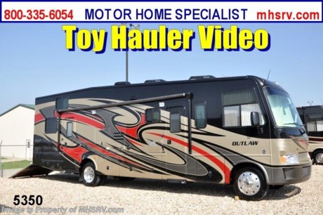 &lt;a href=&quot;http://www.mhsrv.com/thor-motor-coach/&quot;&gt;&lt;img src=&quot;http://www.mhsrv.com/images/sold-thor.jpg&quot; width=&quot;383&quot; height=&quot;141&quot; border=&quot;0&quot; /&gt;&lt;/a&gt; Close Out Price at MHSRV .com + $2,000 Visa Gift Card with Purchase &amp; MHSRV will donate $1,000 to Cook Children&#39;s Hospital Starting Oct. 16th - Dec. 29th, 2012. Call 800-335-6054 or Visit MHSRV.com for Our Year End Close Out Price! /CO 12/13/12/  &lt;object width=&quot;400&quot; height=&quot;300&quot;&gt;&lt;param name=&quot;movie&quot; value=&quot;http://www.youtube.com/v/3ISEXmsKvKw?version=3&amp;amp;hl=en_US&quot;&gt;&lt;/param&gt;&lt;param name=&quot;allowFullScreen&quot; value=&quot;true&quot;&gt;&lt;/param&gt;&lt;param name=&quot;allowscriptaccess&quot; value=&quot;always&quot;&gt;&lt;/param&gt;&lt;embed src=&quot;http://www.youtube.com/v/3ISEXmsKvKw?version=3&amp;amp;hl=en_US&quot; type=&quot;application/x-shockwave-flash&quot; width=&quot;400&quot; height=&quot;300&quot; allowscriptaccess=&quot;always&quot; allowfullscreen=&quot;true&quot;&gt;&lt;/embed&gt;&lt;/object&gt; #1 Thor Motor Coach &amp; Outlaw Toy Hauler Dealer in the World.
&lt;object width=&quot;400&quot; height=&quot;300&quot;&gt;&lt;param name=&quot;movie&quot; value=&quot;http://www.youtube.com/v/_D_MrYPO4yY?version=3&amp;amp;hl=en_US&quot;&gt;&lt;/param&gt;&lt;param name=&quot;allowFullScreen&quot; value=&quot;true&quot;&gt;&lt;/param&gt;&lt;param name=&quot;allowscriptaccess&quot; value=&quot;always&quot;&gt;&lt;/param&gt;&lt;embed src=&quot;http://www.youtube.com/v/_D_MrYPO4yY?version=3&amp;amp;hl=en_US&quot; type=&quot;application/x-shockwave-flash&quot; width=&quot;400&quot; height=&quot;300&quot; allowscriptaccess=&quot;always&quot; allowfullscreen=&quot;true&quot;&gt;&lt;/embed&gt;&lt;/object&gt;  MSRP $152,993. New 2013 Thor Motor Coach Outlaw Toy Hauler. Model 3611 with slide-out room and Ford 22-Series chassis with Triton V-10 engine &amp; high polished aluminum wheels. This unit measures approximately 37 feet 4 inches in length. Optional equipment includes an electric queen lift bed in garage. The Outlaw toy hauler RV has an incredible list of standard features for 2013 including a full body exterior paint job, beautiful wood &amp; interior decor packages, (5) LCD TVs including and exterior entertainment center, large living room LCD TV, side door TV for viewing while traveling, LCD TV in loft and LCD TV in garage. You will also find a theater sound system in the living room with hidden sub woofer, stereo in garage, exterior stereo speakers and audio controls, power patio awing, dual side entrance doors, dual pane windows, fueling station, 1-piece windshield,  a 5500 Onan generator, back-up camera, automatic leveling system, Soft Touch leather furniture, hide-a-bed sofa with power inflate &amp; deflate controls, day/night shades and much more. FOR ADDITIONAL INFORMATION, BROCHURE, WINDOW STICKER, PHOTOS &amp; PRODUCT VIDEO PLEASE VISIT MOTOR HOME SPECIALIST AT MHSRV .COM or CALL 800-335-6054. 