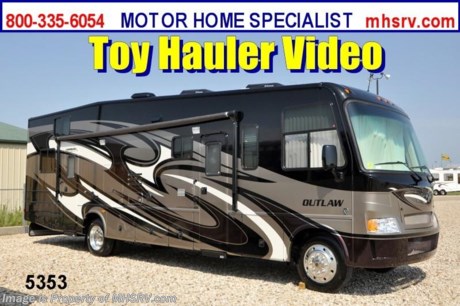 &lt;a href=&quot;http://www.mhsrv.com/thor-motor-coach/&quot;&gt;&lt;img src=&quot;http://www.mhsrv.com/images/sold-thor.jpg&quot; width=&quot;383&quot; height=&quot;141&quot; border=&quot;0&quot; /&gt;&lt;/a&gt;
Outlaw motorhome by Thor Motor Coach Toy hauler RV / TX 7/27/12. /
&lt;object width=&quot;400&quot; height=&quot;300&quot;&gt;&lt;param name=&quot;movie&quot; value=&quot;http://www.youtube.com/v/SBqi8PKYWdo?version=3&amp;amp;hl=en_US&quot;&gt;&lt;/param&gt;&lt;param name=&quot;allowFullScreen&quot; value=&quot;true&quot;&gt;&lt;/param&gt;&lt;param name=&quot;allowscriptaccess&quot; value=&quot;always&quot;&gt;&lt;/param&gt;&lt;embed src=&quot;http://www.youtube.com/v/SBqi8PKYWdo?version=3&amp;amp;hl=en_US&quot; type=&quot;application/x-shockwave-flash&quot; width=&quot;400&quot; height=&quot;300&quot; allowscriptaccess=&quot;always&quot; allowfullscreen=&quot;true&quot;&gt;&lt;/embed&gt;&lt;/object&gt;$2,000 VISA Gift Card with purchase. Offer Ends 8/31/12.  &lt;object width=&quot;400&quot; height=&quot;300&quot;&gt;&lt;param name=&quot;movie&quot; value=&quot;http://www.youtube.com/v/3ISEXmsKvKw?version=3&amp;amp;hl=en_US&quot;&gt;&lt;/param&gt;&lt;param name=&quot;allowFullScreen&quot; value=&quot;true&quot;&gt;&lt;/param&gt;&lt;param name=&quot;allowscriptaccess&quot; value=&quot;always&quot;&gt;&lt;/param&gt;&lt;embed src=&quot;http://www.youtube.com/v/3ISEXmsKvKw?version=3&amp;amp;hl=en_US&quot; type=&quot;application/x-shockwave-flash&quot; width=&quot;400&quot; height=&quot;300&quot; allowscriptaccess=&quot;always&quot; allowfullscreen=&quot;true&quot;&gt;&lt;/embed&gt;&lt;/object&gt; #1 Thor Motor Coach &amp; Outlaw Toy Hauler Dealer in the World.
&lt;object width=&quot;400&quot; height=&quot;300&quot;&gt;&lt;param name=&quot;movie&quot; value=&quot;http://www.youtube.com/v/_D_MrYPO4yY?version=3&amp;amp;hl=en_US&quot;&gt;&lt;/param&gt;&lt;param name=&quot;allowFullScreen&quot; value=&quot;true&quot;&gt;&lt;/param&gt;&lt;param name=&quot;allowscriptaccess&quot; value=&quot;always&quot;&gt;&lt;/param&gt;&lt;embed src=&quot;http://www.youtube.com/v/_D_MrYPO4yY?version=3&amp;amp;hl=en_US&quot; type=&quot;application/x-shockwave-flash&quot; width=&quot;400&quot; height=&quot;300&quot; allowscriptaccess=&quot;always&quot; allowfullscreen=&quot;true&quot;&gt;&lt;/embed&gt;&lt;/object&gt; For the Lowest Price Please Visit MHSRV .com or Call 800-335-6054. MSRP $152,993. New 2013 Thor Motor Coach Outlaw Toy Hauler. Model 3611 with slide-out room and Ford 22-Series chassis with Triton V-10 engine &amp; high polished aluminum wheels. This unit measures approximately 37 feet 4 inches in length. Optional equipment includes an electric queen lift bed in garage. The Outlaw toy hauler RV has an incredible list of standard features for 2013 including a full body exterior paint job, beautiful wood &amp; interior decor packages, (5) LCD TVs including and exterior entertainment center, large living room LCD TV, side door TV for viewing while traveling, LCD TV in loft and LCD TV in garage. You will also find a theater sound system in the living room with hidden sub woofer, stereo in garage, exterior stereo speakers and audio controls, power patio awing, dual side entrance doors, dual pane windows, fueling station, 1-piece windshield,  a 5500 Onan generator, back-up camera, automatic leveling system, Soft Touch leather furniture, hide-a-bed sofa with power inflate &amp; deflate controls, day/night shades and much more. FOR ADDITIONAL INFORMATION, BROCHURE, WINDOW STICKER, PHOTOS &amp; PRODUCT VIDEO PLEASE VISIT MOTOR HOME SPECIALIST AT MHSRV .COM or CALL 800-335-6054. 