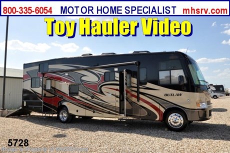 &lt;a href=&quot;http://www.mhsrv.com/thor-motor-coach/&quot;&gt;&lt;img src=&quot;http://www.mhsrv.com/images/sold-thor.jpg&quot; width=&quot;383&quot; height=&quot;141&quot; border=&quot;0&quot; /&gt;&lt;/a&gt; Close Out Price at MHSRV .com /TX 12/29/12/ + $2,000 Visa Gift Card with Purchase &amp; MHSRV will donate $1,000 to Cook Children&#39;s Hospital Starting Oct. 16th - Dec. 29th, 2012. Call 800-335-6054 or Visit MHSRV.com for Our Year End Close Out Price! &lt;object width=&quot;400&quot; height=&quot;300&quot;&gt;&lt;param name=&quot;movie&quot; value=&quot;http://www.youtube.com/v/3ISEXmsKvKw?version=3&amp;amp;hl=en_US&quot;&gt;&lt;/param&gt;&lt;param name=&quot;allowFullScreen&quot; value=&quot;true&quot;&gt;&lt;/param&gt;&lt;param name=&quot;allowscriptaccess&quot; value=&quot;always&quot;&gt;&lt;/param&gt;&lt;embed src=&quot;http://www.youtube.com/v/3ISEXmsKvKw?version=3&amp;amp;hl=en_US&quot; type=&quot;application/x-shockwave-flash&quot; width=&quot;400&quot; height=&quot;300&quot; allowscriptaccess=&quot;always&quot; allowfullscreen=&quot;true&quot;&gt;&lt;/embed&gt;&lt;/object&gt; #1 Thor Motor Coach &amp; Outlaw Toy Hauler Dealer in the World.
&lt;object width=&quot;400&quot; height=&quot;300&quot;&gt;&lt;param name=&quot;movie&quot; value=&quot;http://www.youtube.com/v/_D_MrYPO4yY?version=3&amp;amp;hl=en_US&quot;&gt;&lt;/param&gt;&lt;param name=&quot;allowFullScreen&quot; value=&quot;true&quot;&gt;&lt;/param&gt;&lt;param name=&quot;allowscriptaccess&quot; value=&quot;always&quot;&gt;&lt;/param&gt;&lt;embed src=&quot;http://www.youtube.com/v/_D_MrYPO4yY?version=3&amp;amp;hl=en_US&quot; type=&quot;application/x-shockwave-flash&quot; width=&quot;400&quot; height=&quot;300&quot; allowscriptaccess=&quot;always&quot; allowfullscreen=&quot;true&quot;&gt;&lt;/embed&gt;&lt;/object&gt; MSRP $154,081. New 2013 Thor Motor Coach Outlaw Toy Hauler. Model 3611 with slide-out room and Ford 22-Series chassis with Triton V-10 engine &amp; high polished aluminum wheels. This unit measures approximately 37 feet 4 inches in length. Optional equipment includes an electric queen lift bed in garage. The Outlaw toy hauler RV has an incredible list of standard features for 2013 including a full body exterior paint job, beautiful wood &amp; interior decor packages, (5) LCD TVs including and exterior entertainment center, large living room LCD TV, side door TV for viewing while traveling, LCD TV in loft and LCD TV in garage. You will also find a theater sound system in the living room with hidden sub woofer, stereo in garage, exterior stereo speakers and audio controls, power patio awing, dual side entrance doors, dual pane windows, fueling station, 1-piece windshield,  a 5500 Onan generator, back-up camera, automatic leveling system, Soft Touch leather furniture, hide-a-bed sofa with power inflate &amp; deflate controls, day/night shades and much more. FOR ADDITIONAL INFORMATION, BROCHURE, WINDOW STICKER, PHOTOS &amp; PRODUCT VIDEO PLEASE VISIT MOTOR HOME SPECIALIST AT MHSRV .COM or CALL 800-335-6054. 