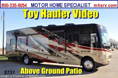&lt;a href=&quot;http://www.mhsrv.com/thor-motor-coach/&quot;&gt;&lt;img src=&quot;http://www.mhsrv.com/images/sold-thor.jpg&quot; width=&quot;383&quot; height=&quot;141&quot; border=&quot;0&quot; /&gt;&lt;/a&gt; Receive a $1,000 VISA Gift Card /TX 1/29/13/ + MHSRV Camper&#39;s Pkg. that includes a 32 inch LCD TV with Built in DVD Player, a Sony Play Station 3 with Blu-Ray capability, a GPS Navigation System, (4) Collapsible Chairs, a Large Collapsible Table, a Rolling Igloo Cooler, an Electric Grill and a Complete Grillers Utensil Set with purchase of this unit. Offer valid Jan. 2nd and ends Mar. 30th 2013. &lt;object width=&quot;400&quot; height=&quot;300&quot;&gt;&lt;param name=&quot;movie&quot; value=&quot;http://www.youtube.com/v/3ISEXmsKvKw?version=3&amp;amp;hl=en_US&quot;&gt;&lt;/param&gt;&lt;param name=&quot;allowFullScreen&quot; value=&quot;true&quot;&gt;&lt;/param&gt;&lt;param name=&quot;allowscriptaccess&quot; value=&quot;always&quot;&gt;&lt;/param&gt;&lt;embed src=&quot;http://www.youtube.com/v/3ISEXmsKvKw?version=3&amp;amp;hl=en_US&quot; type=&quot;application/x-shockwave-flash&quot; width=&quot;400&quot; height=&quot;300&quot; allowscriptaccess=&quot;always&quot; allowfullscreen=&quot;true&quot;&gt;&lt;/embed&gt;&lt;/object&gt;#1 Thor Motor Coach &amp; Outlaw Toy Hauler Dealer in the World.
&lt;object width=&quot;400&quot; height=&quot;300&quot;&gt;&lt;param name=&quot;movie&quot; value=&quot;http://www.youtube.com/v/_D_MrYPO4yY?version=3&amp;amp;hl=en_US&quot;&gt;&lt;/param&gt;&lt;param name=&quot;allowFullScreen&quot; value=&quot;true&quot;&gt;&lt;/param&gt;&lt;param name=&quot;allowscriptaccess&quot; value=&quot;always&quot;&gt;&lt;/param&gt;&lt;embed src=&quot;http://www.youtube.com/v/_D_MrYPO4yY?version=3&amp;amp;hl=en_US&quot; type=&quot;application/x-shockwave-flash&quot; width=&quot;400&quot; height=&quot;300&quot; allowscriptaccess=&quot;always&quot; allowfullscreen=&quot;true&quot;&gt;&lt;/embed&gt;&lt;/object&gt; For the Lowest Price Please Visit MHSRV .com or Call 800-335-6054. MSRP $163,014. New 2013 Thor Motor Coach Outlaw Toy Hauler. Model 37LS with slide-out room and Ford 24-Series chassis with Triton V-10 engine &amp; high polished aluminum wheels. This unit measures approximately 38 feet 4 inches in length. Optional equipment includes an electric overhead hide-away bunk with air mattress, dual cargo sofas in garage area, drop down ramp door with spring assist &amp; railing for patio use. The Outlaw toy hauler RV has an incredible list of standard features for 2013 including a full body exterior paint job, beautiful wood &amp; interior decor packages, (4) LCD TVs including and exterior entertainment center, large living room LCD TV on slide-out, LCD TV in loft and LCD TV in garage. You will also find a theater sound system in the living room with hidden sub woofer, stereo in garage, exterior stereo speakers and audio controls, power patio awing, dual side entrance doors, dual pane windows, fueling station, 1-piece windshield,  a 5500 Onan generator, back-up camera, automatic leveling system, Soft Touch leather furniture, hide-a-bed sofa with power inflate &amp; deflate controls, day/night shades and much more. FOR ADDITIONAL INFORMATION, BROCHURE, WINDOW STICKER, PHOTOS &amp; PRODUCT VIDEO PLEASE VISIT MOTOR HOME SPECIALIST AT MHSRV .COM or CALL 800-335-6054. At Motor Home Specialist we DO NOT charge any prep or orientation fees like you will find at other dealerships. All sale prices include a 200 point inspection, wash/wax &amp; prep of vehicle, a thorough coach orientation with an MHS technician, an RV Starter&#39;s kit, a nights stay in our delivery park featuring landscaped and covered pads with full hook-ups and much more! Read From Thousands of Testimonials at MHSRV .com and See What They Had to Say About Their Experience at Motor Home Specialist. WHY PAY MORE?...... WHY SETTLE FOR LESS?  