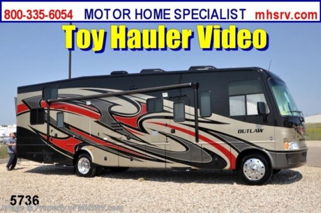 &lt;a href=&quot;http://www.mhsrv.com/thor-motor-coach/&quot;&gt;&lt;img src=&quot;http://www.mhsrv.com/images/sold-thor.jpg&quot; width=&quot;383&quot; height=&quot;141&quot; border=&quot;0&quot; /&gt;&lt;/a&gt; Receive a $1,000 VISA Gift Card /CO 3/28/13/ + MHSRV Camper&#39;s Pkg. that includes a 32 inch LCD TV with Built in DVD Player, a Sony Play Station 3 with Blu-Ray capability, a GPS Navigation System, (4) Collapsible Chairs, a Large Collapsible Table, a Rolling Igloo Cooler, an Electric Grill and a Complete Grillers Utensil Set with purchase of this unit. Offer valid Jan. 2nd and ends Mar. 30th 2013. &lt;object width=&quot;400&quot; height=&quot;300&quot;&gt;&lt;param name=&quot;movie&quot; value=&quot;http://www.youtube.com/v/3ISEXmsKvKw?version=3&amp;amp;hl=en_US&quot;&gt;&lt;/param&gt;&lt;param name=&quot;allowFullScreen&quot; value=&quot;true&quot;&gt;&lt;/param&gt;&lt;param name=&quot;allowscriptaccess&quot; value=&quot;always&quot;&gt;&lt;/param&gt;&lt;embed src=&quot;http://www.youtube.com/v/3ISEXmsKvKw?version=3&amp;amp;hl=en_US&quot; type=&quot;application/x-shockwave-flash&quot; width=&quot;400&quot; height=&quot;300&quot; allowscriptaccess=&quot;always&quot; allowfullscreen=&quot;true&quot;&gt;&lt;/embed&gt;&lt;/object&gt; #1 Thor Motor Coach &amp; Outlaw Toy Hauler Dealer in the World.
&lt;object width=&quot;400&quot; height=&quot;300&quot;&gt;&lt;param name=&quot;movie&quot; value=&quot;http://www.youtube.com/v/_D_MrYPO4yY?version=3&amp;amp;hl=en_US&quot;&gt;&lt;/param&gt;&lt;param name=&quot;allowFullScreen&quot; value=&quot;true&quot;&gt;&lt;/param&gt;&lt;param name=&quot;allowscriptaccess&quot; value=&quot;always&quot;&gt;&lt;/param&gt;&lt;embed src=&quot;http://www.youtube.com/v/_D_MrYPO4yY?version=3&amp;amp;hl=en_US&quot; type=&quot;application/x-shockwave-flash&quot; width=&quot;400&quot; height=&quot;300&quot; allowscriptaccess=&quot;always&quot; allowfullscreen=&quot;true&quot;&gt;&lt;/embed&gt;&lt;/object&gt;  MSRP $154,081. New 2013 Thor Motor Coach Outlaw Toy Hauler. Model 3611 with slide-out room and Ford 22-Series chassis with Triton V-10 engine &amp; high polished aluminum wheels. This unit measures approximately 37 feet 4 inches in length. Optional equipment includes an electric queen lift bed in garage. The Outlaw toy hauler RV has an incredible list of standard features for 2013 including a full body exterior paint job, beautiful wood &amp; interior decor packages, (5) LCD TVs including and exterior entertainment center, large living room LCD TV, side door TV for viewing while traveling, LCD TV in loft and LCD TV in garage. You will also find a theater sound system in the living room with hidden sub woofer, stereo in garage, exterior stereo speakers and audio controls, power patio awing, dual side entrance doors, dual pane windows, fueling station, 1-piece windshield,  a 5500 Onan generator, back-up camera, automatic leveling system, Soft Touch leather furniture, hide-a-bed sofa with power inflate &amp; deflate controls, day/night shades and much more. FOR ADDITIONAL INFORMATION, BROCHURE, WINDOW STICKER, PHOTOS &amp; PRODUCT VIDEO PLEASE VISIT MOTOR HOME SPECIALIST AT MHSRV .COM or CALL 800-335-6054. At Motor Home Specialist we DO NOT charge any prep or orientation fees like you will find at other dealerships. All sale prices include a 200 point inspection, interior &amp; exterior wash &amp; detail of vehicle, a thorough coach orientation with an MHS technician, an RV Starter&#39;s kit, a nights stay in our delivery park featuring landscaped and covered pads with full hook-ups and much more! Read From Thousands of Testimonials at MHSRV .com and See What They Had to Say About Their Experience at Motor Home Specialist. WHY PAY MORE?...... WHY SETTLE FOR LESS?