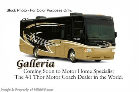 &lt;a href=&quot;http://www.mhsrv.com/thor-motor-coach/&quot;&gt;&lt;img src=&quot;http://www.mhsrv.com/images/sold-thor.jpg&quot; width=&quot;383&quot; height=&quot;141&quot; border=&quot;0&quot; /&gt;&lt;/a&gt; &lt;object width=&quot;400&quot; height=&quot;300&quot;&gt;&lt;param name=&quot;movie&quot; value=&quot;http://www.youtube.com/v/_D_MrYPO4yY?version=3&amp;amp;hl=en_US&quot;&gt;&lt;/param&gt;&lt;param name=&quot;allowFullScreen&quot; value=&quot;true&quot;&gt;&lt;/param&gt;&lt;param name=&quot;allowscriptaccess&quot; value=&quot;always&quot;&gt;&lt;/param&gt;&lt;embed src=&quot;http://www.youtube.com/v/_D_MrYPO4yY?version=3&amp;amp;hl=en_US&quot; type=&quot;application/x-shockwave-flash&quot; width=&quot;400&quot; height=&quot;300&quot; allowscriptaccess=&quot;always&quot; allowfullscreen=&quot;true&quot;&gt;&lt;/embed&gt;&lt;/object&gt; /MO 11/14/12/ #1 Volume Selling Thor Motor Coach Dealer in the World. MSRP $198,504. All New 2013 Thor Motor Coach Palazzo Diesel Pusher. Model 33.3. This Diesel Pusher RV features (2) slide-out rooms including a driver&#39;s side full wall slide and booth dinette with LCD TV. Optional equipment includes a Olympic Cherry wood package, Galleria full body paint exterior, Granite Hill interior decor, exterior LCD TV, invisible front paint protection, dual pane windows &amp; front electric drop-down over head bunk. The 2013 Palazzo also features a 300 HP Cummins diesel engine with 660 lbs. of torque, Freightliner XC chassis, 6000 Onan diesel generator with AGS, power driver&#39;s seat, inverter, LCD TV/DVD, residential refrigerator, solid surface countertops, (2) ducted roof A/C units, 3-camera monitoring system, one piece windshield, fiberglass storage compartments, fully automatic hydraulic leveling system, automatic entry step, electric patio awning and much more. CALL MOTOR HOME SPECIALIST at 800-335-6054 or Visit MHSRV .com FOR ADDITONAL PHOTOS, DETAILS, BROCHURE, FACTORY WINDOW STICKER, VIDEOS &amp; MORE.
