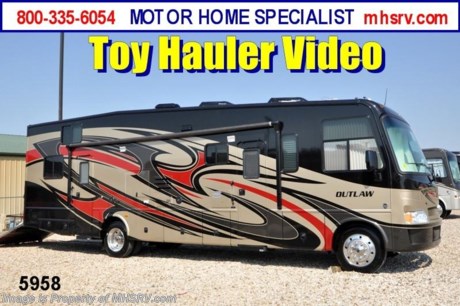 &lt;a href=&quot;http://www.mhsrv.com/thor-motor-coach/&quot;&gt;&lt;img src=&quot;http://www.mhsrv.com/images/sold-thor.jpg&quot; width=&quot;383&quot; height=&quot;141&quot; border=&quot;0&quot; /&gt;&lt;/a&gt; Receive a $1,000 VISA Gift Card /MT 3/4/13/ + MHSRV Camper&#39;s Pkg. that includes a 32 inch LCD TV with Built in DVD Player, a Sony Play Station 3 with Blu-Ray capability, a GPS Navigation System, (4) Collapsible Chairs, a Large Collapsible Table, a Rolling Igloo Cooler, an Electric Grill and a Complete Grillers Utensil Set with purchase of this unit. Offer valid Jan. 2nd and ends Mar. 30th 2013. &lt;object width=&quot;400&quot; height=&quot;300&quot;&gt;&lt;param name=&quot;movie&quot; value=&quot;http://www.youtube.com/v/3ISEXmsKvKw?version=3&amp;amp;hl=en_US&quot;&gt;&lt;/param&gt;&lt;param name=&quot;allowFullScreen&quot; value=&quot;true&quot;&gt;&lt;/param&gt;&lt;param name=&quot;allowscriptaccess&quot; value=&quot;always&quot;&gt;&lt;/param&gt;&lt;embed src=&quot;http://www.youtube.com/v/3ISEXmsKvKw?version=3&amp;amp;hl=en_US&quot; type=&quot;application/x-shockwave-flash&quot; width=&quot;400&quot; height=&quot;300&quot; allowscriptaccess=&quot;always&quot; allowfullscreen=&quot;true&quot;&gt;&lt;/embed&gt;&lt;/object&gt; #1 Thor Motor Coach &amp; Outlaw Toy Hauler Dealer in the World.
&lt;object width=&quot;400&quot; height=&quot;300&quot;&gt;&lt;param name=&quot;movie&quot; value=&quot;http://www.youtube.com/v/_D_MrYPO4yY?version=3&amp;amp;hl=en_US&quot;&gt;&lt;/param&gt;&lt;param name=&quot;allowFullScreen&quot; value=&quot;true&quot;&gt;&lt;/param&gt;&lt;param name=&quot;allowscriptaccess&quot; value=&quot;always&quot;&gt;&lt;/param&gt;&lt;embed src=&quot;http://www.youtube.com/v/_D_MrYPO4yY?version=3&amp;amp;hl=en_US&quot; type=&quot;application/x-shockwave-flash&quot; width=&quot;400&quot; height=&quot;300&quot; allowscriptaccess=&quot;always&quot; allowfullscreen=&quot;true&quot;&gt;&lt;/embed&gt;&lt;/object&gt;  MSRP $152,993. New 2013 Thor Motor Coach Outlaw Toy Hauler. Model 3611 with slide-out room and Ford 22-Series chassis with Triton V-10 engine &amp; high polished aluminum wheels. This unit measures approximately 37 feet 4 inches in length. Optional equipment includes an electric queen lift bed in garage. The Outlaw toy hauler RV has an incredible list of standard features for 2013 including a full body exterior paint job, beautiful wood &amp; interior decor packages, (5) LCD TVs including and exterior entertainment center, large living room LCD TV, side door TV for viewing while traveling, LCD TV in loft and LCD TV in garage. You will also find a theater sound system in the living room with hidden sub woofer, stereo in garage, exterior stereo speakers and audio controls, power patio awing, dual side entrance doors, dual pane windows, fueling station, 1-piece windshield,  a 5500 Onan generator, back-up camera, automatic leveling system, Soft Touch leather furniture, hide-a-bed sofa with power inflate &amp; deflate controls, day/night shades and much more. FOR ADDITIONAL INFORMATION, BROCHURE, WINDOW STICKER, PHOTOS &amp; PRODUCT VIDEO PLEASE VISIT MOTOR HOME SPECIALIST AT MHSRV .COM or CALL 800-335-6054. At Motor Home Specialist we DO NOT charge any prep or orientation fees like you will find at other dealerships. All sale prices include a 200 point inspection, interior &amp; exterior wash &amp; detail of vehicle, a thorough coach orientation with an MHS technician, an RV Starter&#39;s kit, a nights stay in our delivery park featuring landscaped and covered pads with full hook-ups and much more! Read From Thousands of Testimonials at MHSRV .com and See What They Had to Say About Their Experience at Motor Home Specialist. WHY PAY MORE?...... WHY SETTLE FOR LESS?