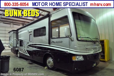 &lt;a href=&quot;http://www.mhsrv.com/thor-motor-coach/&quot;&gt;&lt;img src=&quot;http://www.mhsrv.com/images/sold-thor.jpg&quot; width=&quot;383&quot; height=&quot;141&quot; border=&quot;0&quot; /&gt;&lt;/a&gt; Close Out Price at MHSRV .com + $2,000 Visa Gift Card with Purchase &amp; MHSRV will donate $1,000 to Cook Children&#39;s Hospital Starting Oct. 16th - Dec. 29th, 2012. Call 800-335-6054 or Visit MHSRV.com for Our Year End Close Out Price! /Austin TX. 12/15/12/  &lt;object width=&quot;400&quot; height=&quot;300&quot;&gt;&lt;param name=&quot;movie&quot; value=&quot;http://www.youtube.com/v/_D_MrYPO4yY?version=3&amp;amp;hl=en_US&quot;&gt;&lt;/param&gt;&lt;param name=&quot;allowFullScreen&quot; value=&quot;true&quot;&gt;&lt;/param&gt;&lt;param name=&quot;allowscriptaccess&quot; value=&quot;always&quot;&gt;&lt;/param&gt;&lt;embed src=&quot;http://www.youtube.com/v/_D_MrYPO4yY?version=3&amp;amp;hl=en_US&quot; type=&quot;application/x-shockwave-flash&quot; width=&quot;400&quot; height=&quot;300&quot; allowscriptaccess=&quot;always&quot; allowfullscreen=&quot;true&quot;&gt;&lt;/embed&gt;&lt;/object&gt; #1 Volume Selling Thor Motor Coach Dealer in the World. MSRP $198,504. All New 2013 Thor Motor Coach Palazzo Diesel Pusher. Model 33.3. This Diesel Pusher RV features (2) slide-out rooms including a driver&#39;s side full wall slide and booth dinette with LCD TV. Optional equipment includes a Olympic Cherry wood package, Silver Leaf full body paint exterior, Granite Hill interior decor, exterior LCD TV, invisible front paint protection &amp; front electric drop-down over head bunk. The 2013 Palazzo also features a 300 HP Cummins diesel engine with 660 lbs. of torque, Freightliner XC chassis, 6000 Onan diesel generator with AGS, power driver&#39;s seat, inverter, LCD TV/DVD, residential refrigerator, solid surface countertops, (2) ducted roof A/C units, 3-camera monitoring system, one piece windshield, fiberglass storage compartments, fully automatic hydraulic leveling system, automatic entry step, electric patio awning and much more. CALL MOTOR HOME SPECIALIST at 800-335-6054 or Visit MHSRV .com FOR ADDITONAL PHOTOS, DETAILS, BROCHURE, FACTORY WINDOW STICKER, VIDEOS &amp; MORE.