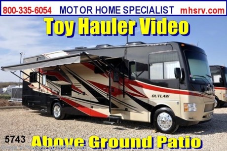 &lt;a href=&quot;http://www.mhsrv.com/thor-motor-coach/&quot;&gt;&lt;img src=&quot;http://www.mhsrv.com/images/sold-thor.jpg&quot; width=&quot;383&quot; height=&quot;141&quot; border=&quot;0&quot; /&gt;&lt;/a&gt; Receive a $1,000 VISA Gift Card /TN 2/27/13/ + MHSRV Camper&#39;s Pkg. that includes a 32 inch LCD TV with Built in DVD Player, a Sony Play Station 3 with Blu-Ray capability, a GPS Navigation System, (4) Collapsible Chairs, a Large Collapsible Table, a Rolling Igloo Cooler, an Electric Grill and a Complete Grillers Utensil Set with purchase of this unit. Offer valid Jan. 2nd and ends Mar. 30th 2013. &lt;object width=&quot;400&quot; height=&quot;300&quot;&gt;&lt;param name=&quot;movie&quot; value=&quot;http://www.youtube.com/v/3ISEXmsKvKw?version=3&amp;amp;hl=en_US&quot;&gt;&lt;/param&gt;&lt;param name=&quot;allowFullScreen&quot; value=&quot;true&quot;&gt;&lt;/param&gt;&lt;param name=&quot;allowscriptaccess&quot; value=&quot;always&quot;&gt;&lt;/param&gt;&lt;embed src=&quot;http://www.youtube.com/v/3ISEXmsKvKw?version=3&amp;amp;hl=en_US&quot; type=&quot;application/x-shockwave-flash&quot; width=&quot;400&quot; height=&quot;300&quot; allowscriptaccess=&quot;always&quot; allowfullscreen=&quot;true&quot;&gt;&lt;/embed&gt;&lt;/object&gt;#1 Thor Motor Coach &amp; Outlaw Toy Hauler Dealer in the World.
&lt;object width=&quot;400&quot; height=&quot;300&quot;&gt;&lt;param name=&quot;movie&quot; value=&quot;http://www.youtube.com/v/_D_MrYPO4yY?version=3&amp;amp;hl=en_US&quot;&gt;&lt;/param&gt;&lt;param name=&quot;allowFullScreen&quot; value=&quot;true&quot;&gt;&lt;/param&gt;&lt;param name=&quot;allowscriptaccess&quot; value=&quot;always&quot;&gt;&lt;/param&gt;&lt;embed src=&quot;http://www.youtube.com/v/_D_MrYPO4yY?version=3&amp;amp;hl=en_US&quot; type=&quot;application/x-shockwave-flash&quot; width=&quot;400&quot; height=&quot;300&quot; allowscriptaccess=&quot;always&quot; allowfullscreen=&quot;true&quot;&gt;&lt;/embed&gt;&lt;/object&gt; For the Lowest Price Please Visit MHSRV .com or Call 800-335-6054. MSRP $163,314. New 2013 Thor Motor Coach Outlaw Toy Hauler. Model 37LS with slide-out room and Ford 24-Series chassis with Triton V-10 engine &amp; high polished aluminum wheels. This unit measures approximately 38 feet 4 inches in length. Optional equipment includes an electric overhead hide-away bunk with air mattress, dual cargo sofas in garage area, drop down ramp door with spring assist &amp; railing for patio use. The Outlaw toy hauler RV has an incredible list of standard features for 2013 including a full body exterior paint job, beautiful wood &amp; interior decor packages, (4) LCD TVs including and exterior entertainment center, large living room LCD TV on slide-out, LCD TV in loft and LCD TV in garage. You will also find a theater sound system in the living room with hidden sub woofer, stereo in garage, exterior stereo speakers and audio controls, power patio awing, dual side entrance doors, dual pane windows, fueling station, 1-piece windshield,  a 5500 Onan generator, back-up camera, automatic leveling system, Soft Touch leather furniture, hide-a-bed sofa with power inflate &amp; deflate controls, day/night shades and much more. FOR ADDITIONAL INFORMATION, BROCHURE, WINDOW STICKER, PHOTOS &amp; PRODUCT VIDEO PLEASE VISIT MOTOR HOME SPECIALIST AT MHSRV .COM or CALL 800-335-6054. At Motor Home Specialist we DO NOT charge any prep or orientation fees like you will find at other dealerships. All sale prices include a 200 point inspection, interior &amp; exterior wash &amp; detail of vehicle, a thorough coach orientation with an MHS technician, an RV Starter&#39;s kit, a nights stay in our delivery park featuring landscaped and covered pads with full hook-ups and much more! Read From Thousands of Testimonials at MHSRV .com and See What They Had to Say About Their Experience at Motor Home Specialist. WHY PAY MORE?...... WHY SETTLE FOR LESS?