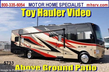 &lt;a href=&quot;http://www.mhsrv.com/thor-motor-coach/&quot;&gt;&lt;img src=&quot;http://www.mhsrv.com/images/sold-thor.jpg&quot; width=&quot;383&quot; height=&quot;141&quot; border=&quot;0&quot; /&gt;&lt;/a&gt; Receive a $1,000 VISA Gift Card /OH 1/18/13/ + MHSRV Camper&#39;s Pkg. that includes a 32 inch LCD TV with Built in DVD Player, a Sony Play Station 3 with Blu-Ray capability, a GPS Navigation System, (4) Collapsible Chairs, a Large Collapsible Table, a Rolling Igloo Cooler, an Electric Grill and a Complete Grillers Utensil Set with purchase of this unit. Offer valid Jan. 2nd and ends Mar. 30th 2013. &lt;object width=&quot;400&quot; height=&quot;300&quot;&gt;&lt;param name=&quot;movie&quot; value=&quot;http://www.youtube.com/v/3ISEXmsKvKw?version=3&amp;amp;hl=en_US&quot;&gt;&lt;/param&gt;&lt;param name=&quot;allowFullScreen&quot; value=&quot;true&quot;&gt;&lt;/param&gt;&lt;param name=&quot;allowscriptaccess&quot; value=&quot;always&quot;&gt;&lt;/param&gt;&lt;embed src=&quot;http://www.youtube.com/v/3ISEXmsKvKw?version=3&amp;amp;hl=en_US&quot; type=&quot;application/x-shockwave-flash&quot; width=&quot;400&quot; height=&quot;300&quot; allowscriptaccess=&quot;always&quot; allowfullscreen=&quot;true&quot;&gt;&lt;/embed&gt;&lt;/object&gt;#1 Thor Motor Coach &amp; Outlaw Toy Hauler Dealer in the World.
&lt;object width=&quot;400&quot; height=&quot;300&quot;&gt;&lt;param name=&quot;movie&quot; value=&quot;http://www.youtube.com/v/_D_MrYPO4yY?version=3&amp;amp;hl=en_US&quot;&gt;&lt;/param&gt;&lt;param name=&quot;allowFullScreen&quot; value=&quot;true&quot;&gt;&lt;/param&gt;&lt;param name=&quot;allowscriptaccess&quot; value=&quot;always&quot;&gt;&lt;/param&gt;&lt;embed src=&quot;http://www.youtube.com/v/_D_MrYPO4yY?version=3&amp;amp;hl=en_US&quot; type=&quot;application/x-shockwave-flash&quot; width=&quot;400&quot; height=&quot;300&quot; allowscriptaccess=&quot;always&quot; allowfullscreen=&quot;true&quot;&gt;&lt;/embed&gt;&lt;/object&gt; For the Lowest Price Please Visit MHSRV .com or Call 800-335-6054. MSRP $163,314. New 2013 Thor Motor Coach Outlaw Toy Hauler. Model 37LS with slide-out room and Ford 24-Series chassis with Triton V-10 engine &amp; high polished aluminum wheels. This unit measures approximately 38 feet 4 inches in length. Optional equipment includes an electric overhead hide-away bunk with air mattress, dual cargo sofas in garage area, drop down ramp door with spring assist &amp; railing for patio use. The Outlaw toy hauler RV has an incredible list of standard features for 2013 including a full body exterior paint job, beautiful wood &amp; interior decor packages, (4) LCD TVs including and exterior entertainment center, large living room LCD TV on slide-out, LCD TV in loft and LCD TV in garage. You will also find a theater sound system in the living room with hidden sub woofer, stereo in garage, exterior stereo speakers and audio controls, power patio awing, dual side entrance doors, dual pane windows, fueling station, 1-piece windshield,  a 5500 Onan generator, back-up camera, automatic leveling system, Soft Touch leather furniture, hide-a-bed sofa with power inflate &amp; deflate controls, day/night shades and much more. FOR ADDITIONAL INFORMATION, BROCHURE, WINDOW STICKER, PHOTOS &amp; PRODUCT VIDEO PLEASE VISIT MOTOR HOME SPECIALIST AT MHSRV .COM or CALL 800-335-6054. 