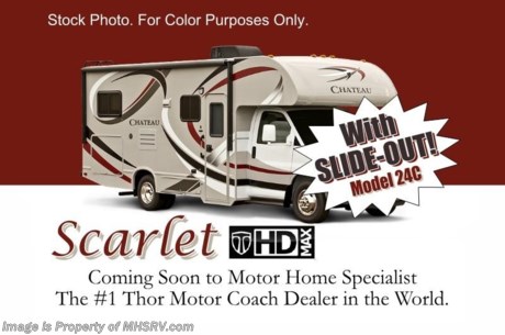 &lt;a href=&quot;http://www.mhsrv.com/thor-motor-coach/&quot;&gt;&lt;img src=&quot;http://www.mhsrv.com/images/sold-thor.jpg&quot; width=&quot;383&quot; height=&quot;141&quot; border=&quot;0&quot; /&gt;&lt;/a&gt; #1 Volume Selling Thor Motor Coach Dealer in the World. /TX 6/8/13/ &lt;object width=&quot;400&quot; height=&quot;300&quot;&gt;&lt;param name=&quot;movie&quot; value=&quot;http://www.youtube.com/v/S7FvsC3Fiv4?version=3&amp;amp;hl=en_US&quot;&gt;&lt;/param&gt;&lt;param name=&quot;allowFullScreen&quot; value=&quot;true&quot;&gt;&lt;/param&gt;&lt;param name=&quot;allowscriptaccess&quot; value=&quot;always&quot;&gt;&lt;/param&gt;&lt;embed src=&quot;http://www.youtube.com/v/S7FvsC3Fiv4?version=3&amp;amp;hl=en_US&quot; type=&quot;application/x-shockwave-flash&quot; width=&quot;400&quot; height=&quot;300&quot; allowscriptaccess=&quot;always&quot; allowfullscreen=&quot;true&quot;&gt;&lt;/embed&gt;&lt;/object&gt;  Visit MHSRV .com or Call 800-335-6054. You Won&#39;t Believe Our Sale Prices! MSRP $88,508. New 2014 Thor Motor Coach Chateau Class C RV. Model 24C with slide-out, Ford E-350 chassis &amp; Ford Triton V-10 engine. This unit measures approximately 24 feet 11 inches in length. Optional equipment includes the all new HD-Max color exterior, cabover LED TV with DVD player, convection microwave, power vent in bedroom, exterior shower, gas/electric water heater, heated holding tanks, auto transfer switch, second auxiliary battery, wheel liners, valve stem extenders, keyless entry, spare tire, electric patio awning, back-up monitor, heated remote exterior mirrors with integrated side view cameras, leatherette driver &amp; passenger captain&#39;s chairs, cockpit carpet mat and wood dash applique. The Chateau Class C RV has an incredible list of standard features for 2014 including Mega exterior storage, an LCD TV, power windows and locks, U-shaped dinette/sleeper with seat belts, tinted coach glass, molded front cap, double door refrigerator, skylight, roof ladder, roof A/C unit, 4000 Onan Micro Quiet generator, slick fiberglass exterior, patio awning, full extension drawer glides, bedspread &amp; pillow shams and much more. FOR ADDITIONAL INFORMATION, BROCHURE, WINDOW STICKER, PHOTOS &amp; VIDEOS PLEASE VISIT MOTOR HOME SPECIALIST AT MHSRV .com or CALL 800-335-6054. At Motor Home Specialist we DO NOT charge any prep or orientation fees like you will find at other dealerships. All sale prices include a 200 point inspection, interior &amp; exterior wash &amp; detail of vehicle, a thorough coach orientation with an MHS technician, an RV Starter&#39;s kit, a nights stay in our delivery park featuring landscaped and covered pads with full hook-ups and much more! Read From Thousands of Testimonials at MHSRV .com and See What They Had to Say About Their Experience at Motor Home Specialist. WHY PAY MORE?...... WHY SETTLE FOR LESS?