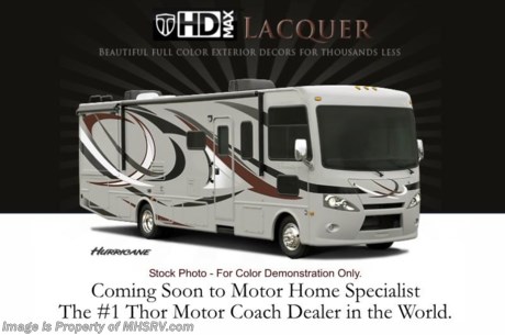 &lt;a href=&quot;http://www.mhsrv.com/thor-motor-coach/&quot;&gt;&lt;img src=&quot;http://www.mhsrv.com/images/sold-thor.jpg&quot; width=&quot;383&quot; height=&quot;141&quot; border=&quot;0&quot; /&gt;&lt;/a&gt; &lt;object width=&quot;400&quot; height=&quot;300&quot;&gt;&lt;param name=&quot;movie&quot; value=&quot;http://www.youtube.com/v/_D_MrYPO4yY?version=3&amp;amp;hl=en_US&quot;&gt;&lt;/param&gt;&lt;param name=&quot;allowFullScreen&quot; value=&quot;true&quot;&gt;&lt;/param&gt;&lt;param name=&quot;allowscriptaccess&quot; value=&quot;always&quot;&gt;&lt;/param&gt;&lt;embed src=&quot;http://www.youtube.com/v/_D_MrYPO4yY?version=3&amp;amp;hl=en_US&quot; type=&quot;application/x-shockwave-flash&quot; width=&quot;400&quot; height=&quot;300&quot; allowscriptaccess=&quot;always&quot; allowfullscreen=&quot;true&quot;&gt;&lt;/embed&gt;&lt;/object&gt; For the Lowest Price Visit MHSRV .com or Call 800-335-6054. /TX 4/23/13/ - New 2014 MSRP $130,191. Thor Motor Coach Hurricane 34F Model. This all new Class A motor home measures approximately 35 feet 10 inches in length &amp; features a 22,000-lb. Ford chassis, a V-10 Ford engine, a full wall slide, a king bed, a leatherette U-Shaped dinette &amp; mid-ship LCD TV with TV swivel-system. Other exciting new features on the 2014 Hurricane 34F include all new progressive styled front and rear caps, taller interior ceiling heights (now 82 inches), a leatherette hide-a-bed sofa, stack washer/dryer prep, automatic leveling jacks, an Onan generator, second auxiliary batteries, electric/gas water heater, rear roof air conditioner, electric entry step, 5,000 lb. hitch and much more. Optional equipment includes the Olympic Cherry wood package, Lacquer HD-Max exterior, bedroom LCD TV, exterior entertainment center, solid surface kitchen counter, electric drop down over head bunk above captain&#39;s chairs, heated holding tank pads, Fantastic Fan in kitchen area, valve stem extenders, exterior entertainment center with large LCD TV, 6 way power driver seat, heated power mirrors with integrated side view cameras and a exterior kitchen that includes a 600 watt inverter, refrigerator, storage drawers, preparation counter with sink and a portable gas grill. FOR INTERNET SALE PRICE, ADDITIONAL DETAILS, VIDEOS &amp; MORE PLEASE VISIT MOTOR HOME SPECIALIST at MHSRV .com or Call 800-335-6054. At Motor Home Specialist we DO NOT charge any prep or orientation fees like you will find at other dealerships. All sale prices include a 200 point inspection, interior &amp; exterior wash &amp; detail of vehicle, a thorough coach orientation with an MHS technician, an RV Starter&#39;s kit, a nights stay in our delivery park featuring landscaped and covered pads with full hook-ups and much more! Read From Thousands of Testimonials at MHSRV .com and See What They Had to Say About Their Experience at Motor Home Specialist. WHY PAY MORE?...... WHY SETTLE FOR LESS?