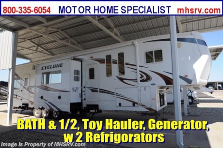 &lt;a href=&quot;http://www.mhsrv.com/5th-wheels/&quot;&gt;&lt;img src=&quot;http://www.mhsrv.com/images/sold-5thwheel.jpg&quot; width=&quot;383&quot; height=&quot;141&quot; border=&quot;0&quot; /&gt;&lt;/a&gt; Used Heartland RV /TX 4/20/13/ - This 2011 Heartland Cyclone (3950) toy hauler is approximately 41 feet in length with 3 slides, 5.5 KW Onan gas generator, power patio awning, pass-thru storage, slide-out room toppers, aluminum wheels, exterior entertainment system, external fueling station, solid surface kitchen counter, 2 refrigerators including a residential in the toy hauler area, bath &amp; 1/2, ducted A/C system and 2 LCD TVs. This beautiful RV  has a queen size bed, 2 loft beds with ladder above the living room and 2 drop down beds in the toy hauler area for a total of 5 separate beds! For complete details visit Motor Home Specialist at MHSRV .com or 800-335-6054.