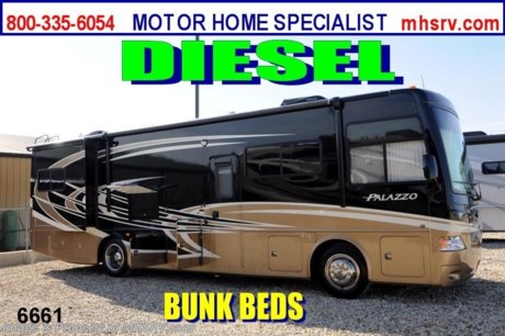 &lt;a href=&quot;http://www.mhsrv.com/thor-motor-coach/&quot;&gt;&lt;img src=&quot;http://www.mhsrv.com/images/sold-thor.jpg&quot; width=&quot;383&quot; height=&quot;141&quot; border=&quot;0&quot; /&gt;&lt;/a&gt; EMERGENCY 911 Inventory Reduction Sale Unit! /TX 7/5/13/ DRASTICALLY REDUCED to Make Room for Over 500 New 2014 Models on Order! Don&#39;t hesitate! When it&#39;s gone.......it&#39;s GONE!  PLUS!!! $1,000 VISA Gift Card + MHSRV Camper&#39;s Pkg. with purchase of this unit. Pkg. includes a 32 inch LCD TV with Built in DVD Player, a Sony Play Station 3 with Blu-Ray capability, a GPS Navigation System, (4) Collapsible Chairs, a Large Collapsible Table, a Rolling Igloo Cooler, an Electric Grill and a Complete Grillers Utensil Set. Offer ends June 29th, 2013. &lt;object width=&quot;400&quot; height=&quot;300&quot;&gt;&lt;param name=&quot;movie&quot; value=&quot;http://www.youtube.com/v/_D_MrYPO4yY?version=3&amp;amp;hl=en_US&quot;&gt;&lt;/param&gt;&lt;param name=&quot;allowFullScreen&quot; value=&quot;true&quot;&gt;&lt;/param&gt;&lt;param name=&quot;allowscriptaccess&quot; value=&quot;always&quot;&gt;&lt;/param&gt;&lt;embed src=&quot;http://www.youtube.com/v/_D_MrYPO4yY?version=3&amp;amp;hl=en_US&quot; type=&quot;application/x-shockwave-flash&quot; width=&quot;400&quot; height=&quot;300&quot; allowscriptaccess=&quot;always&quot; allowfullscreen=&quot;true&quot;&gt;&lt;/embed&gt;&lt;/object&gt; #1 Volume Selling Thor Motor Coach Dealer in the World. MSRP $199,254. All New 2013 Thor Motor Coach Palazzo Diesel Pusher. Model 33.3. This Diesel Pusher RV features (2) slide-out rooms including a driver&#39;s side full wall slide, bunk beds and booth dinette with LCD TV. Optional equipment includes a Olympic Cherry wood package, Galleria full body paint exterior, Granite Hitt interior decor, exterior LCD TV, invisible front paint protection &amp; front electric drop-down over head bunk. The 2013 Palazzo also features a 300 HP Cummins diesel engine with 660 lbs. of torque, Freightliner XC chassis, 6000 Onan diesel generator with AGS, power driver&#39;s seat, inverter, LCD TV/DVD, residential refrigerator, solid surface countertops, (2) ducted roof A/C units, 3-camera monitoring system, one piece windshield, fiberglass storage compartments, fully automatic hydraulic leveling system, automatic entry step, electric patio awning and much more. CALL MOTOR HOME SPECIALIST at 800-335-6054 or Visit MHSRV .com FOR ADDITONAL PHOTOS, DETAILS, BROCHURE, FACTORY WINDOW STICKER, VIDEOS &amp; MORE. At Motor Home Specialist we DO NOT charge any prep or orientation fees like you will find at other dealerships. All sale prices include a 200 point inspection, interior &amp; exterior wash &amp; detail of vehicle, a thorough coach orientation with an MHS technician, an RV Starter&#39;s kit, a nights stay in our delivery park featuring landscaped and covered pads with full hook-ups and much more! Read From Thousands of Testimonials at MHSRV .com and See What They Had to Say About Their Experience at Motor Home Specialist. WHY PAY MORE?...... WHY SETTLE FOR LESS?