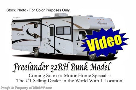 &lt;a href=&quot;http://www.mhsrv.com/coachmen-rv/&quot;&gt;&lt;img src=&quot;http://www.mhsrv.com/images/sold-coachmen.jpg&quot; width=&quot;383&quot; height=&quot;141&quot; border=&quot;0&quot; /&gt;&lt;/a&gt; MHSRV is celebrating the 4th of July all Month long! /TX 7/29/13/ We will Donate $1,000 to the Intrepid Fallen Heroes Fund with purchase of this unit, PLUS you will also receive a $1,000 VISA Gift Card and MHSRV Camper&#39;s Package as well! Package includes a 32 inch LED TV with Built in DVD Player, a Sony Play Station 3 with Blu-Ray capability, a GPS Navigation System, (4) Collapsible Chairs, a Large Collapsible Table, a Rolling Igloo Cooler, an Electric Grill and a Complete Grillers Utensil Set. Offer ends July 31st, 2013. &lt;object width=&quot;400&quot; height=&quot;300&quot;&gt;&lt;param name=&quot;movie&quot; value=&quot;http://www.youtube.com/v/RqNmQzNdFZ8?version=3&amp;amp;hl=en_US&quot;&gt;&lt;/param&gt;&lt;param name=&quot;allowFullScreen&quot; value=&quot;true&quot;&gt;&lt;/param&gt;&lt;param name=&quot;allowscriptaccess&quot; value=&quot;always&quot;&gt;&lt;/param&gt;&lt;embed src=&quot;http://www.youtube.com/v/RqNmQzNdFZ8?version=3&amp;amp;hl=en_US&quot; type=&quot;application/x-shockwave-flash&quot; width=&quot;400&quot; height=&quot;300&quot; allowscriptaccess=&quot;always&quot; allowfullscreen=&quot;true&quot;&gt;&lt;/embed&gt;&lt;/object&gt; #1 Coachmen Class C Dealer in the World. MSRP $92,377. Sale Price at MHSRV .com - New 2014 Coachmen Freelander RV Model 32BH is approximately 32 feet 11 inches in length with bunk beds: This Class C RV is powered by a 6.0L V-8 Chevrolet engine, 6 speed automatic transmission and option&#39;s include: an exterior entertainment center, stainless steel wheel inserts with valve stem extenders,  air assist suspension, entertainment package with large LCD TV &amp; TV/DVDs in bunks, child safety net &amp; ladder, spare tire, rear ladder, Travel Easy Roadside Assistance, heated tank pads and the beautiful Glazed Maple wood package. Additional equipment includes a 4KW Onan generator, 5K lb. hitch, power awning, back up camera with monitor, high glass fiberglass sidewalls, 80 inch long bed, slide-out room toppers, glass door shower, roller bearing drawer glides and much more. Call MOTOR HOME SPECIALIST at 800-335-6054 or Visit MHSRV .com for Additional details &amp; Product Video. At Motor Home Specialist we DO NOT charge any prep or orientation fees like you will find at other dealerships. All sale prices include a 200 point inspection, interior &amp; exterior wash &amp; detail of vehicle, a thorough coach orientation with an MHS technician, an RV Starter&#39;s kit, a nights stay in our delivery park featuring landscaped and covered pads with full hook-ups and much more! Read From Thousands of Testimonials at MHSRV .com and See What They Had to Say About Their Experience at Motor Home Specialist. WHY PAY MORE?...... WHY SETTLE FOR LESS?